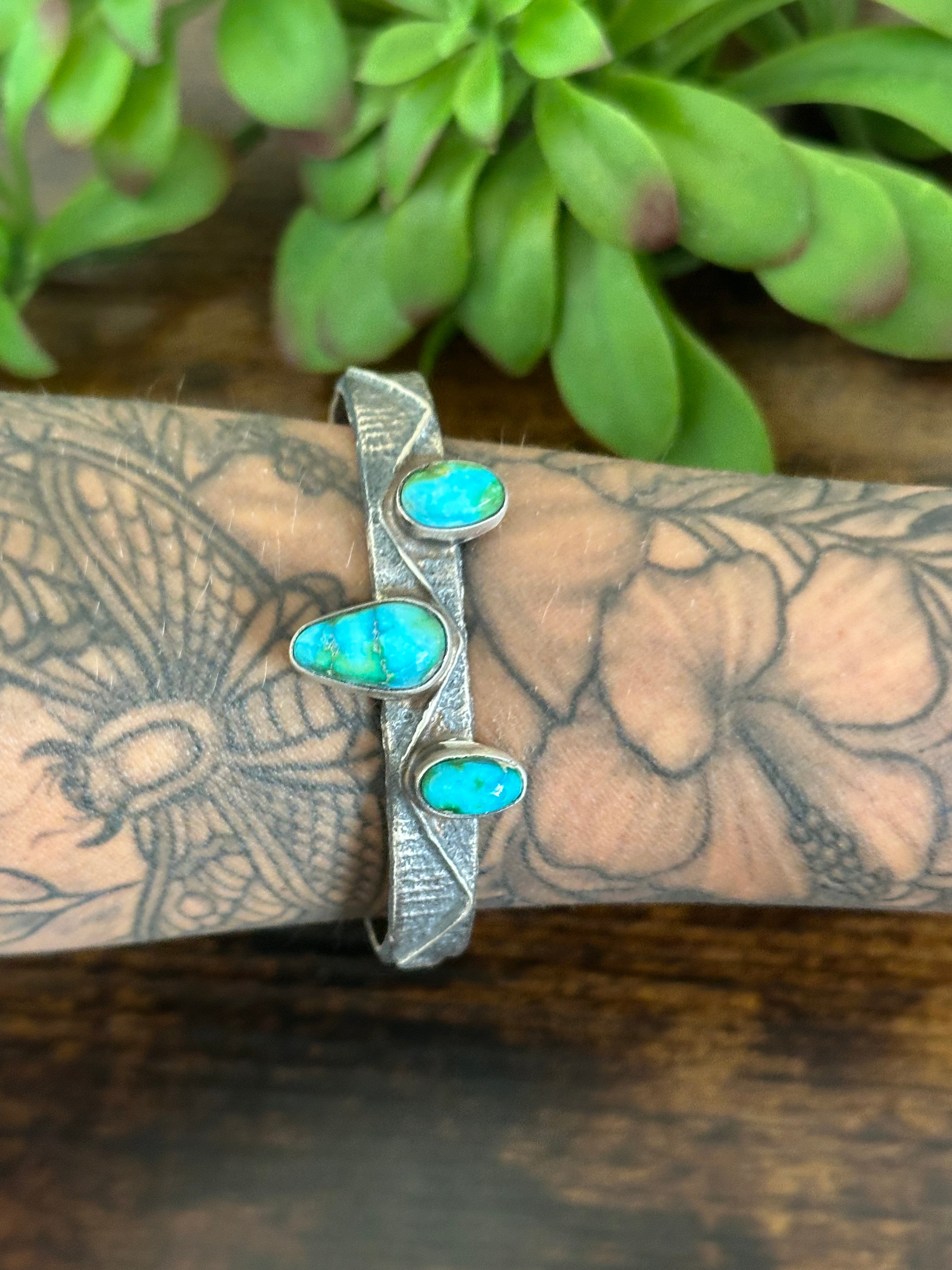 Navajo Made Sonoran Mountain Turquoise & Sterling Silver Tufa Cast Cuff Bracelet