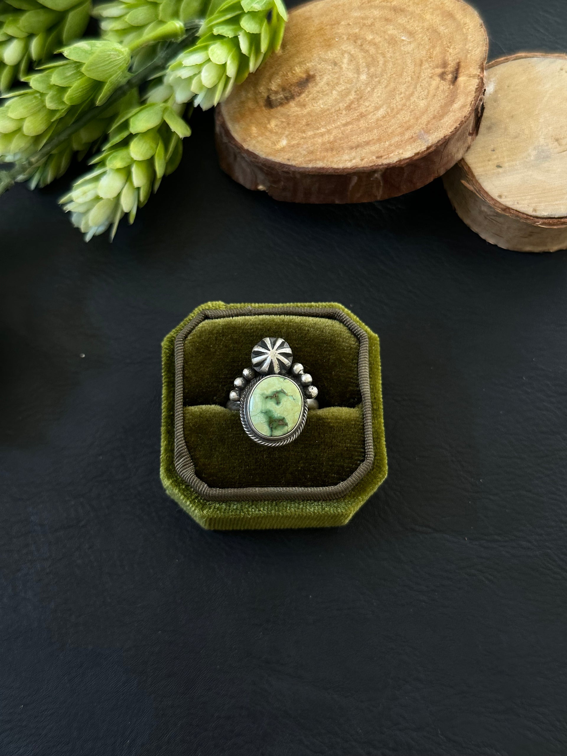 Marie Tsosie Sonoran Gold Turquoise & Sterling Silver Ring Size 7.5