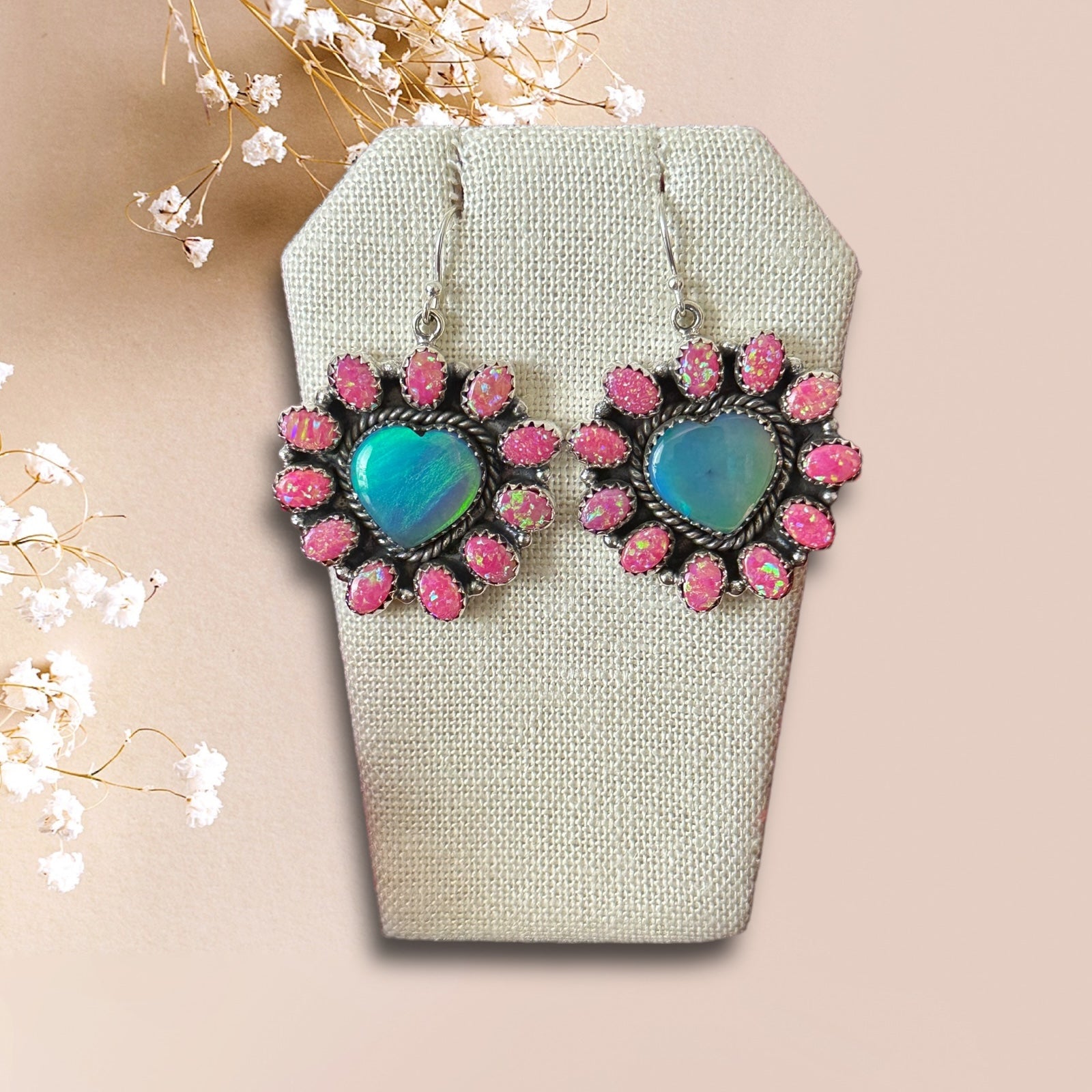 Southwest Handmade Opal & Sterling Silver Dangle Cluster Heart Earrings