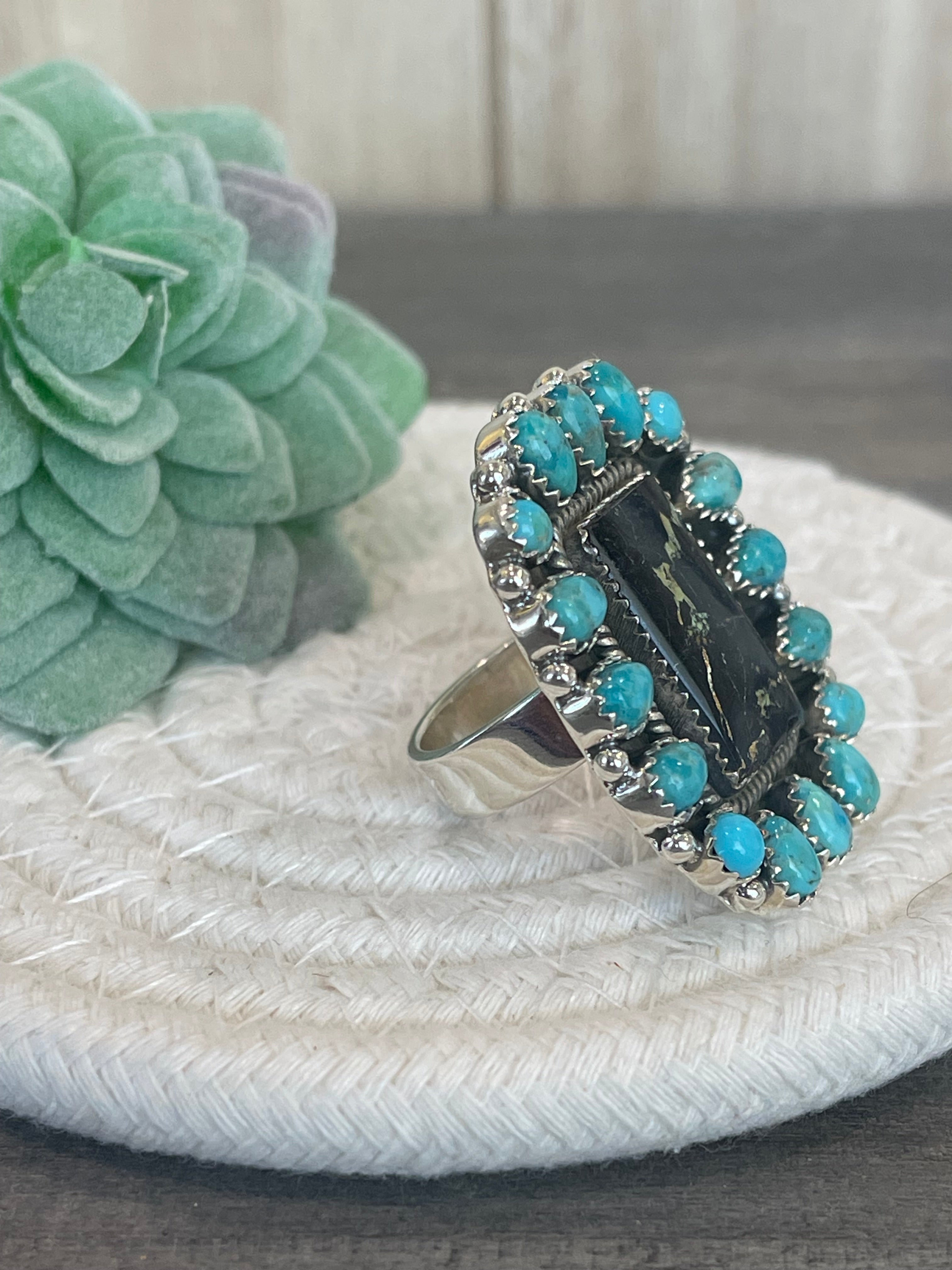 Southwest Handmade BlackJack Turquoise And Kingman Turquoise & Sterling Silver Adjustable Ring