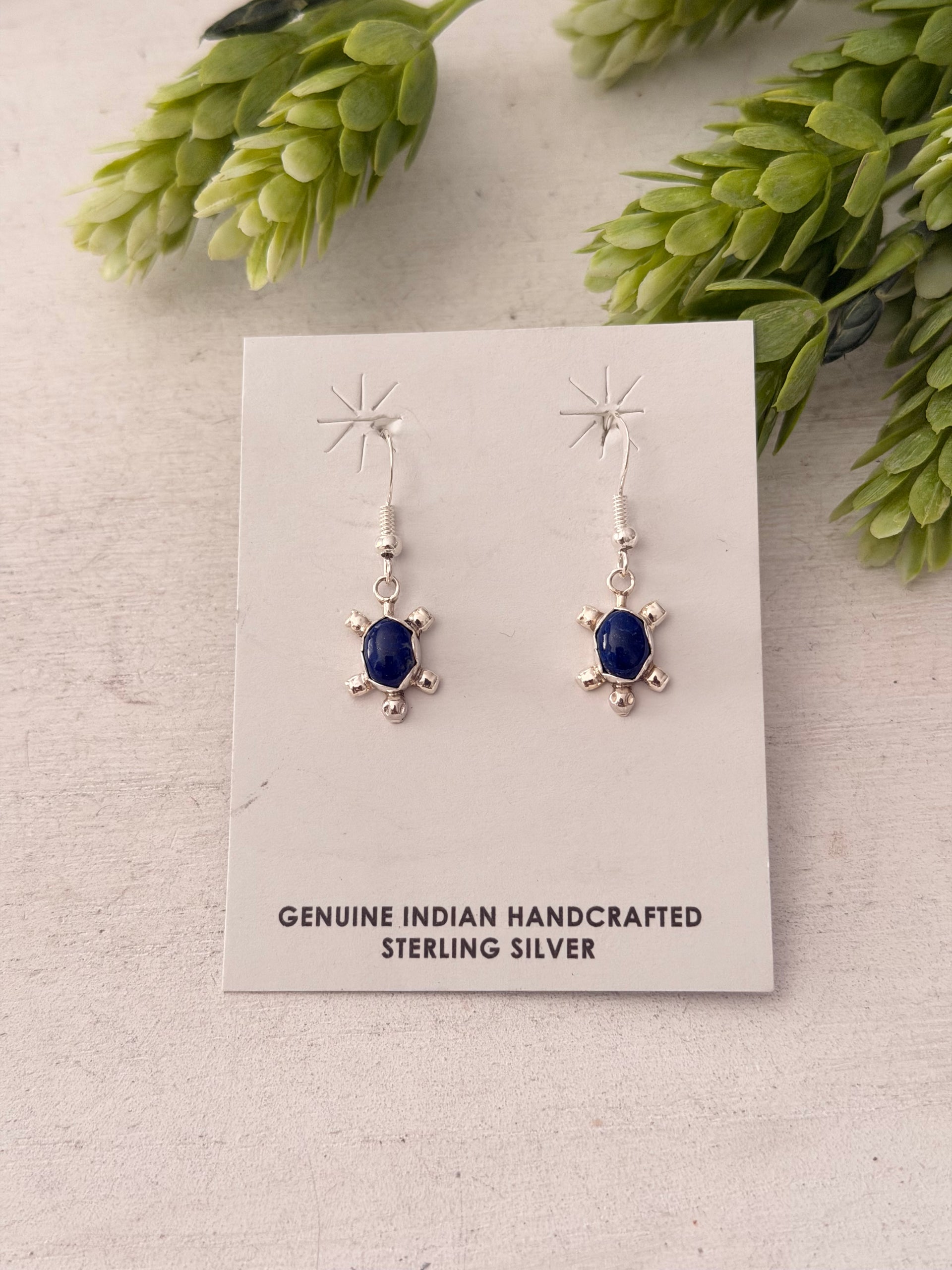 Navajo Made Lapis & Sterling Silver Turtle Dangle Earrings