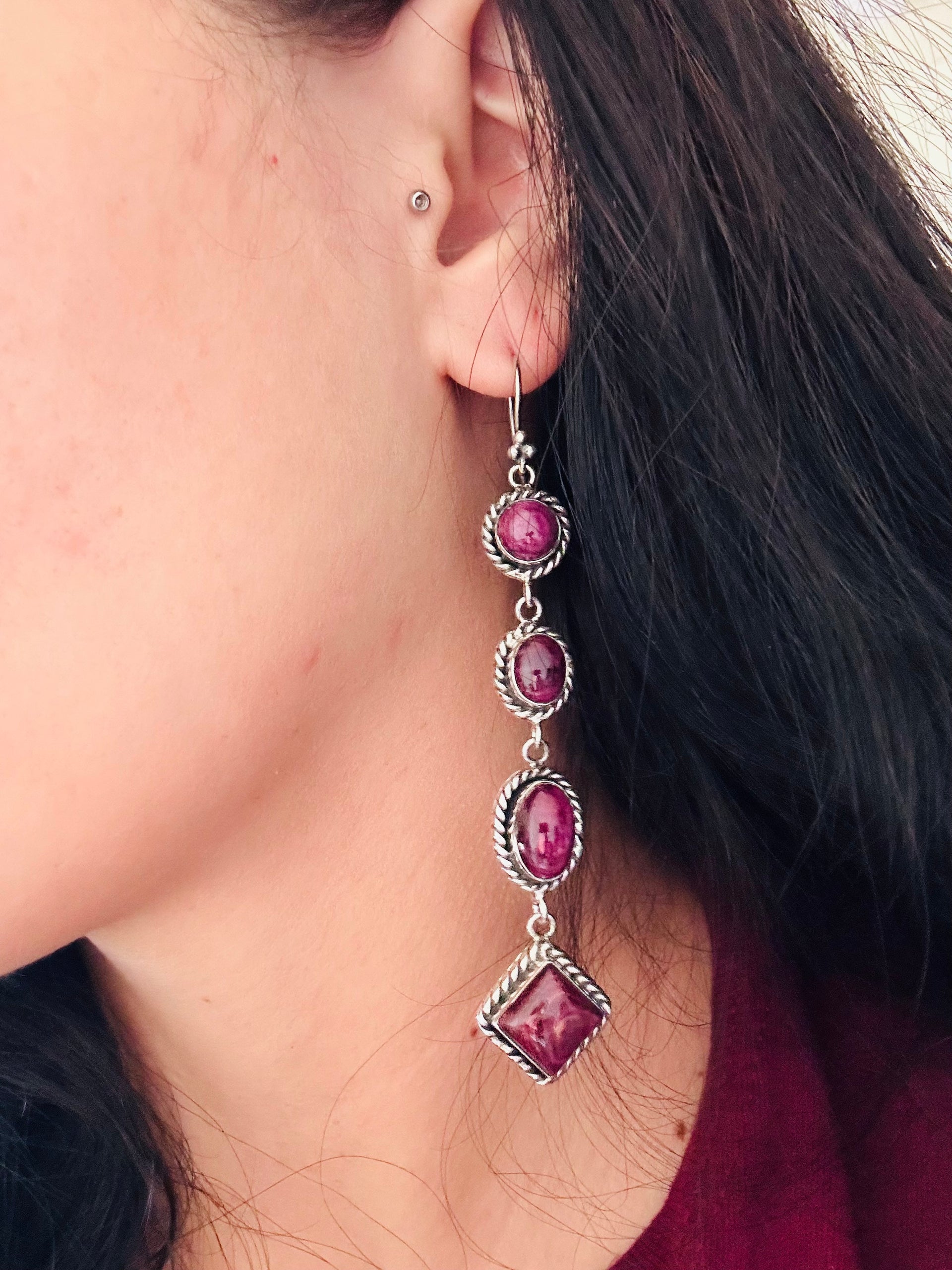 Southwest Handmade Purple Spiny Oyster & Sterling Silver Dangle Earrings