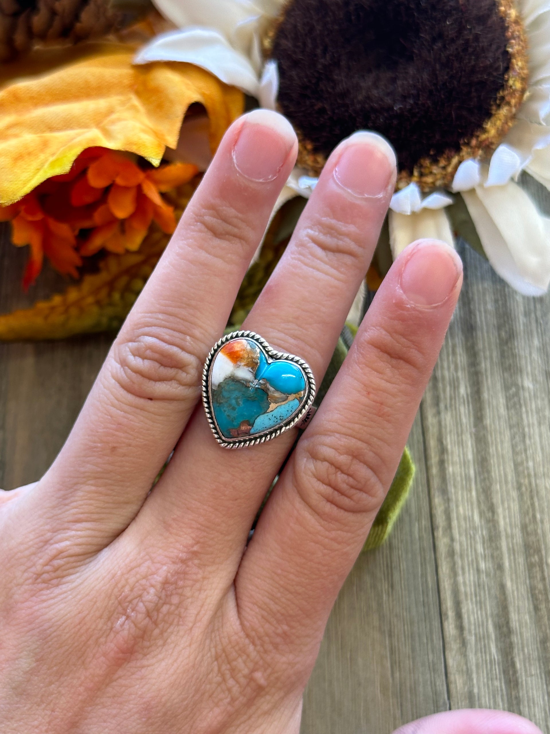 Southwest Handmade Mohave Turquoise & Sterling Silver Adjustable Heart Ring