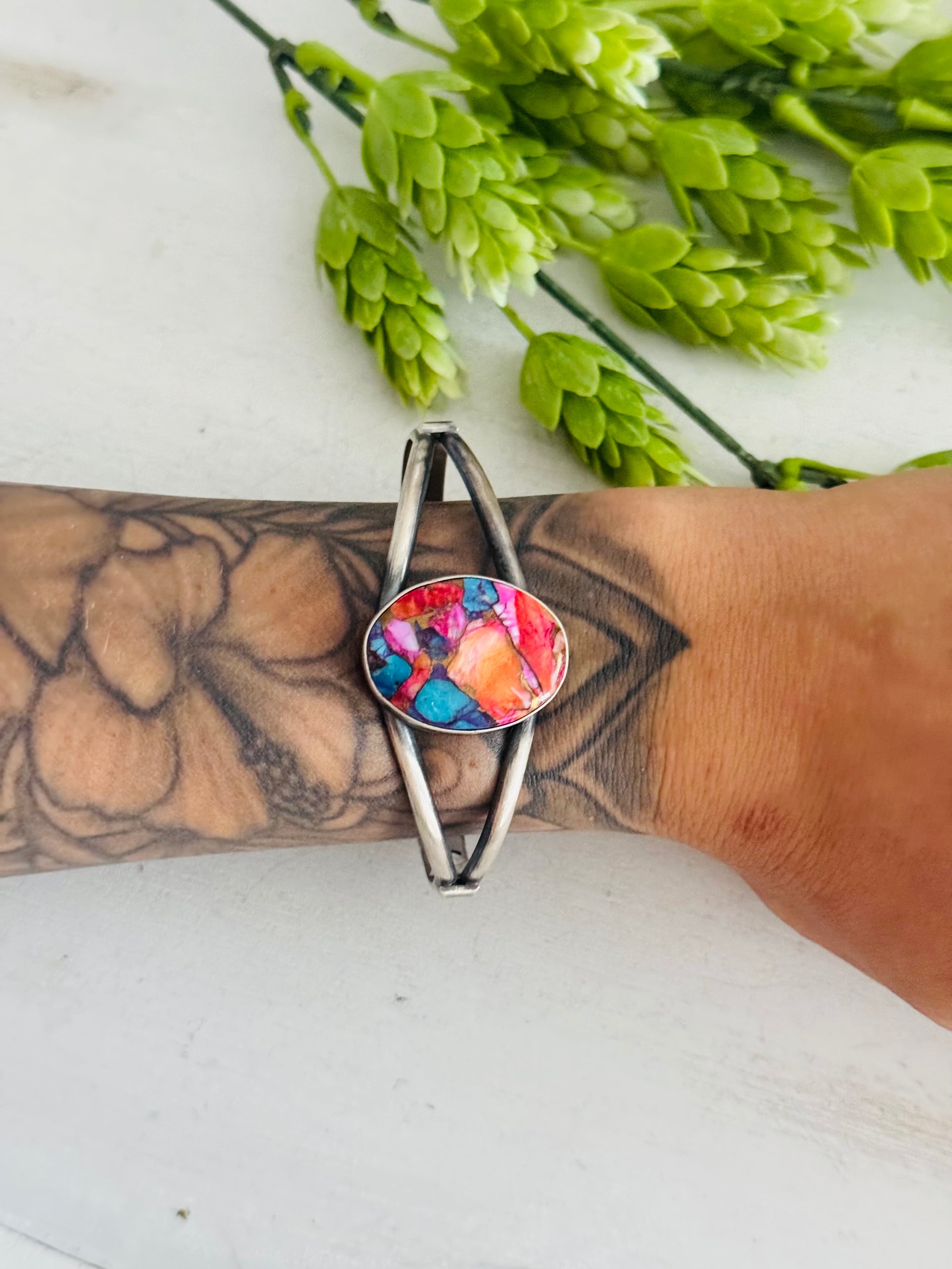 Navajo Made Mohave Turquoise  & Sterling Silver Cuff Bracelet