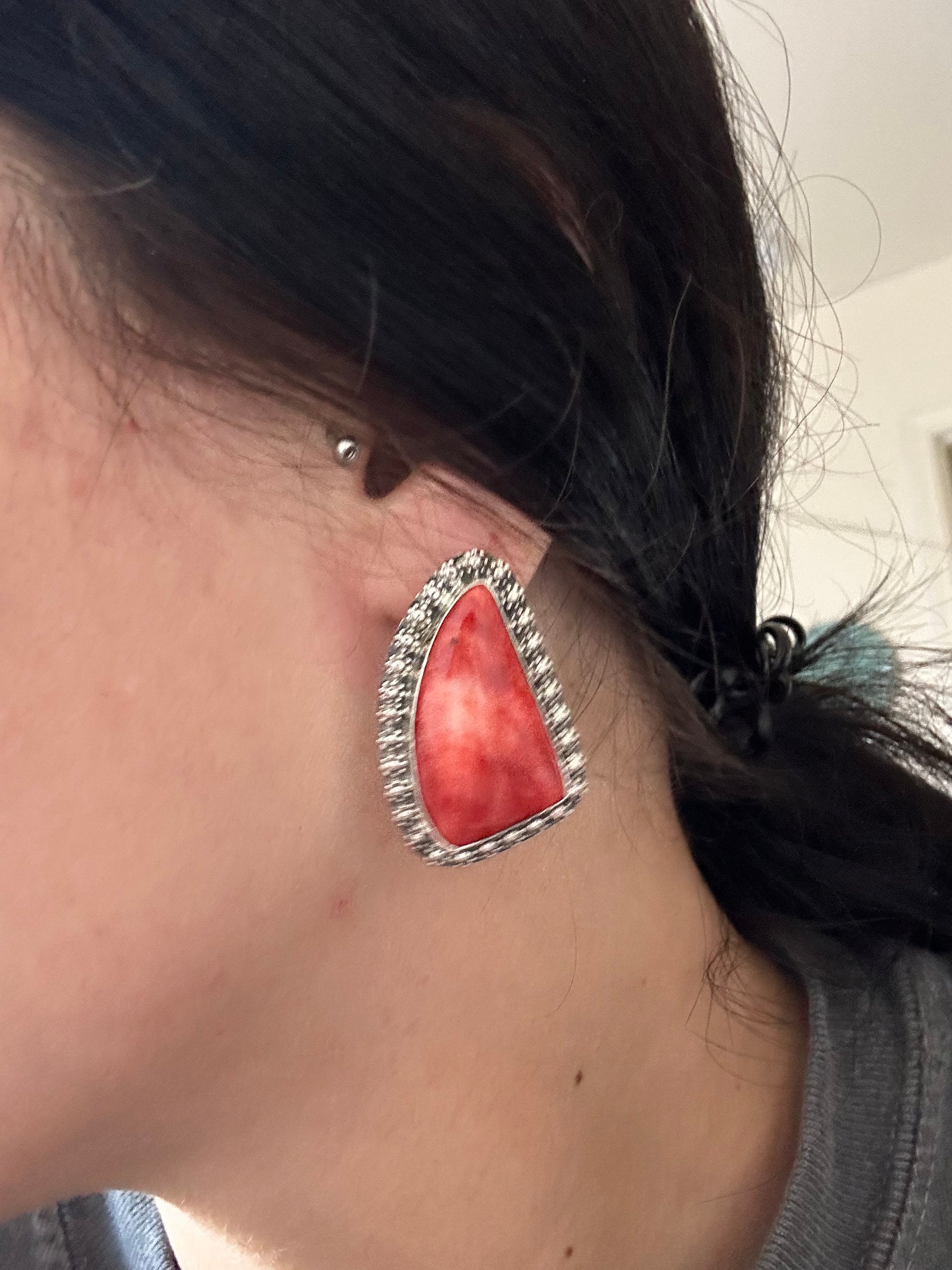 Navajo Made Red Spiny Oyster & Sterling Silver Post Earrings