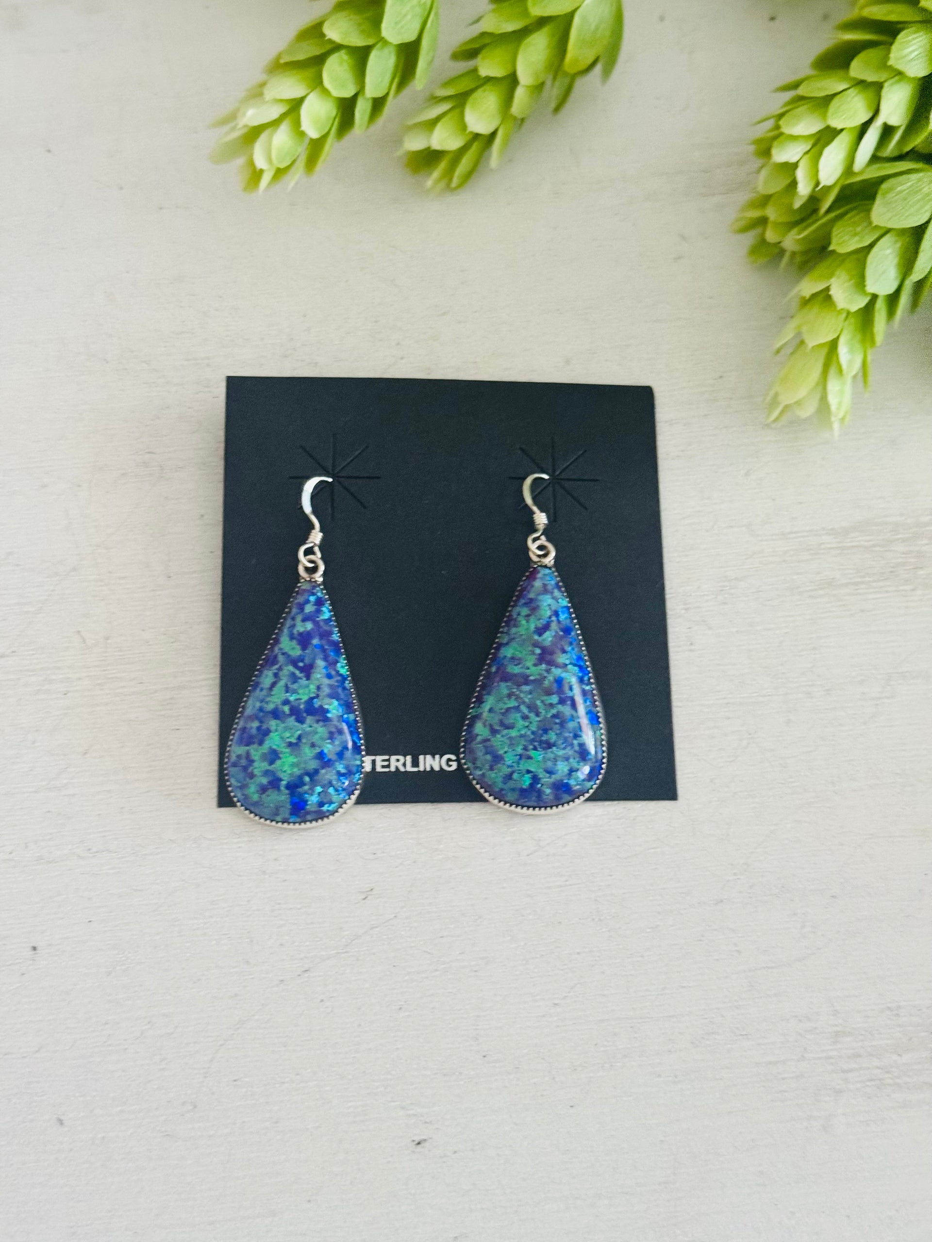 Navajo Made Opal (Man Made) & Sterling Silver Dangle Earrings