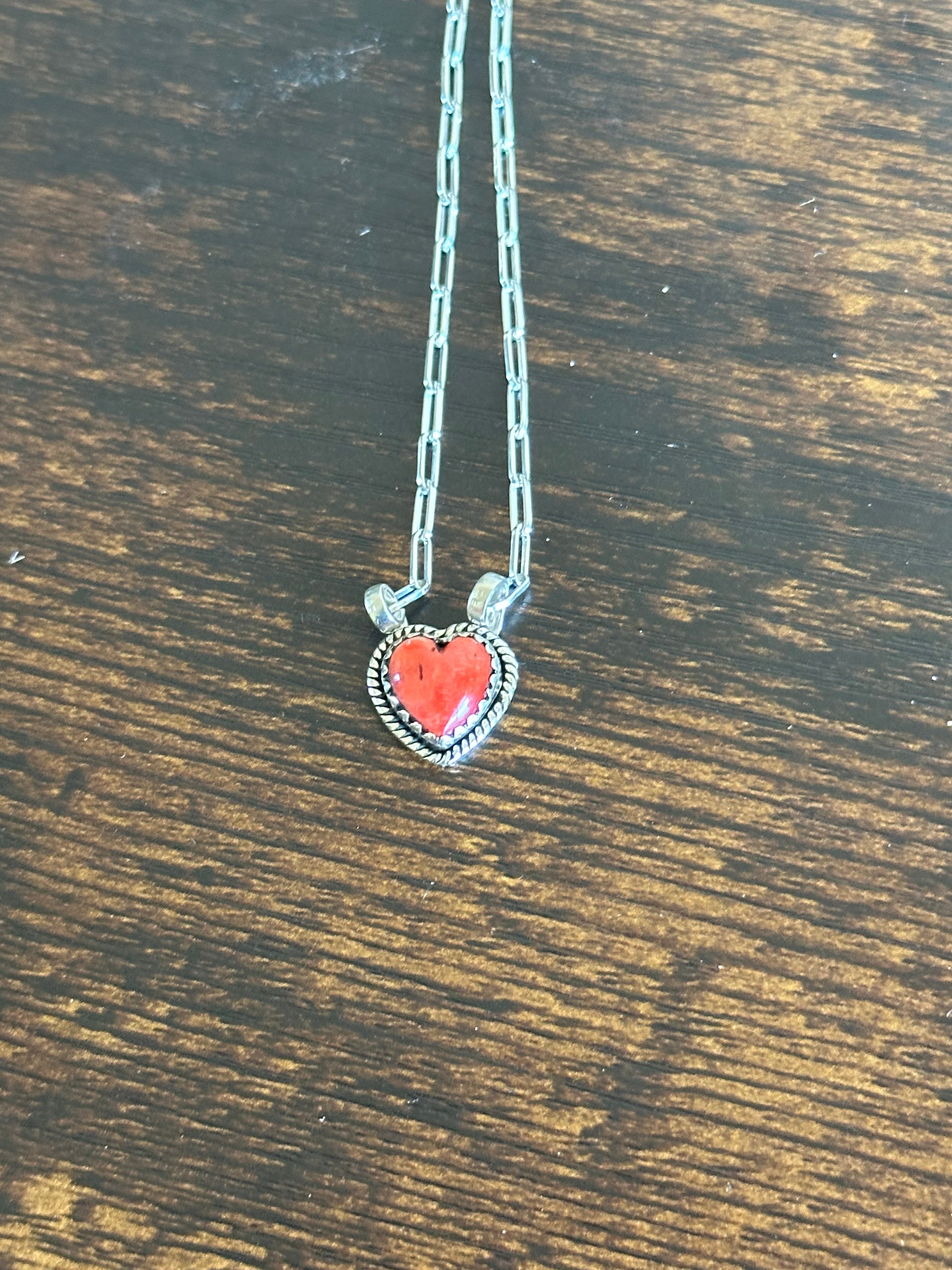 Navajo Made Spiny Oyster & Sterling Silver Heart Necklace