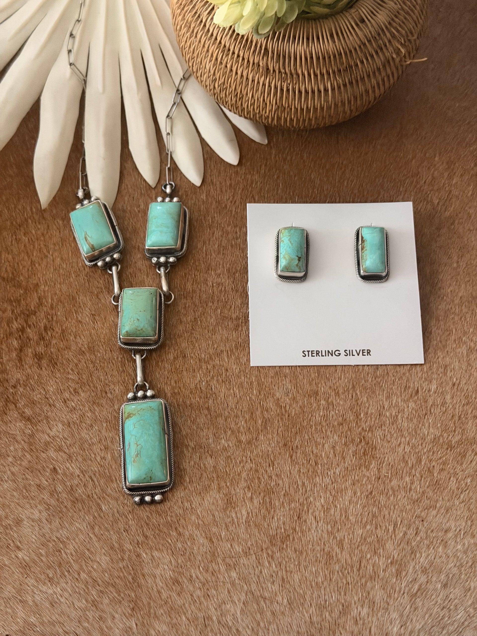 Myra Benally Kingman Turquoise & Sterling Silver Lariat Necklace Set