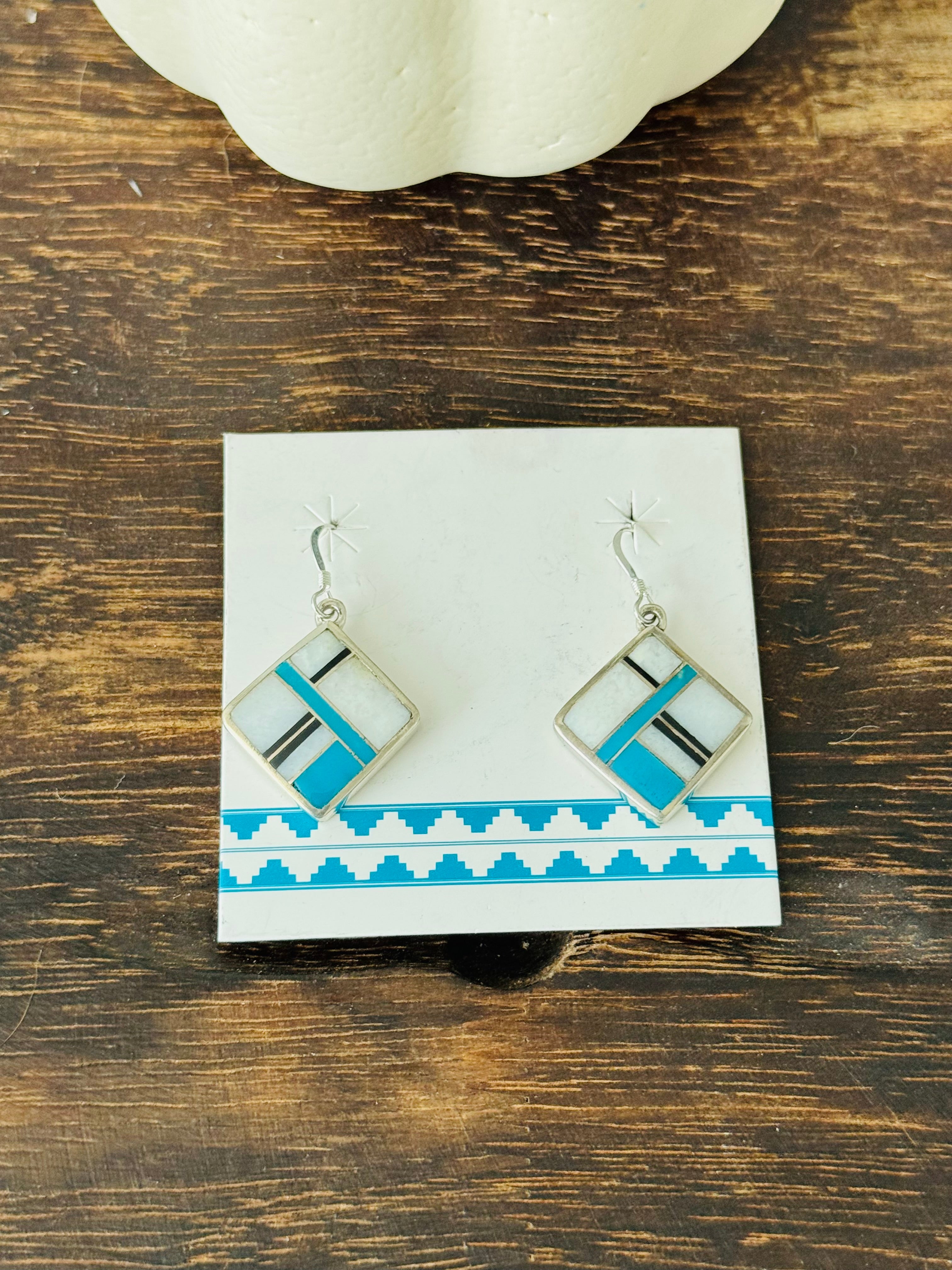 Navajo Made Multi Stone & Sterling Silver Inlay Dangle Earrings