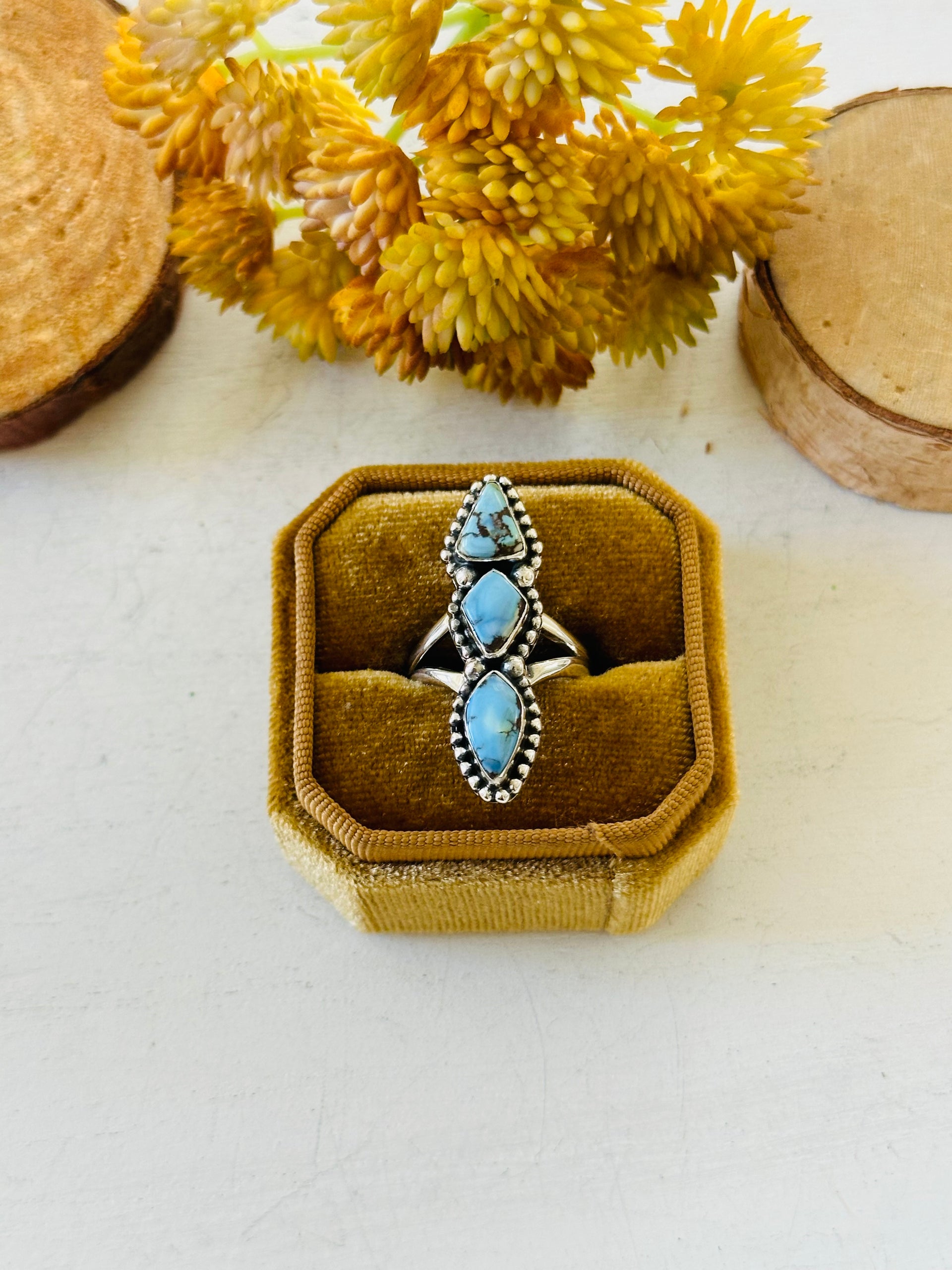 Southwest Handmade Golden Hills Turquoise & Sterling Silver Ring Size 7.25