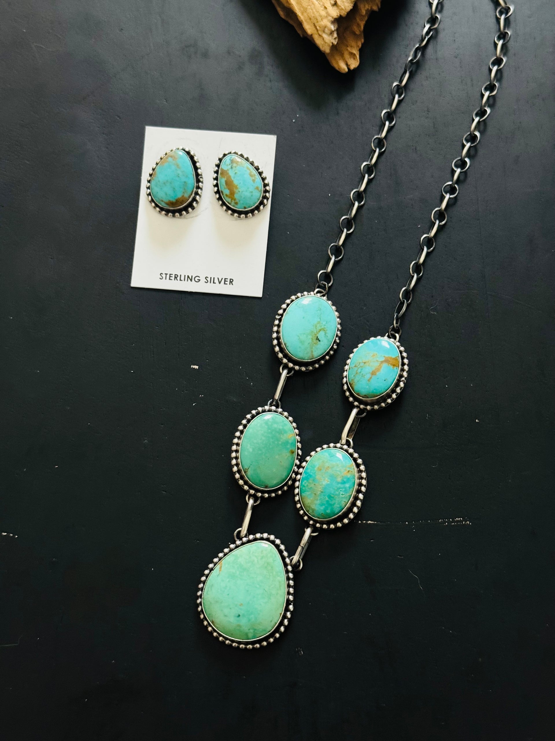 Navajo Made Kingman Turquoise and Sterling Silver Necklace Set