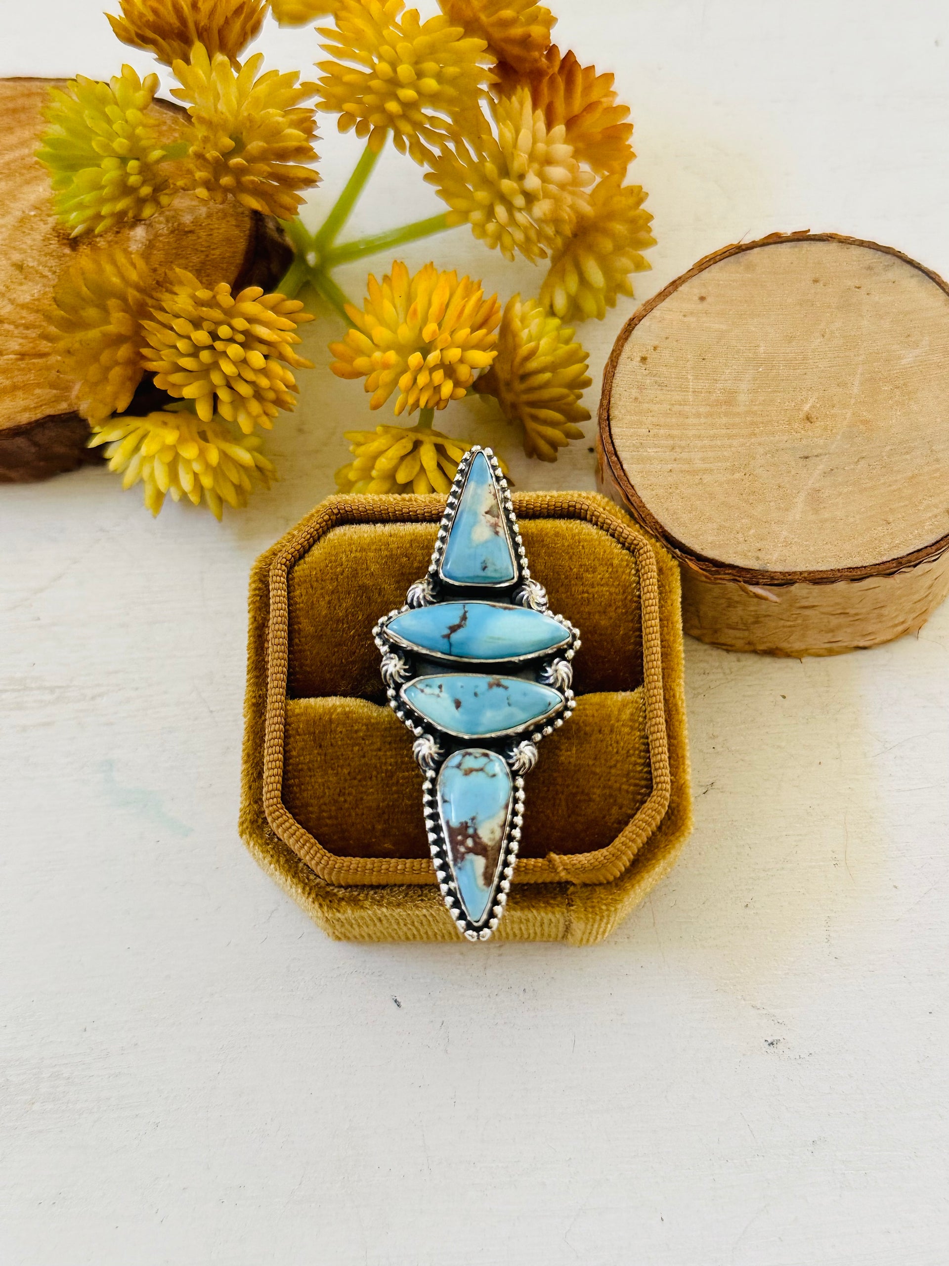 Southwest Handmade Golden Hills Turquoise & Sterling Silver Ring Size 7