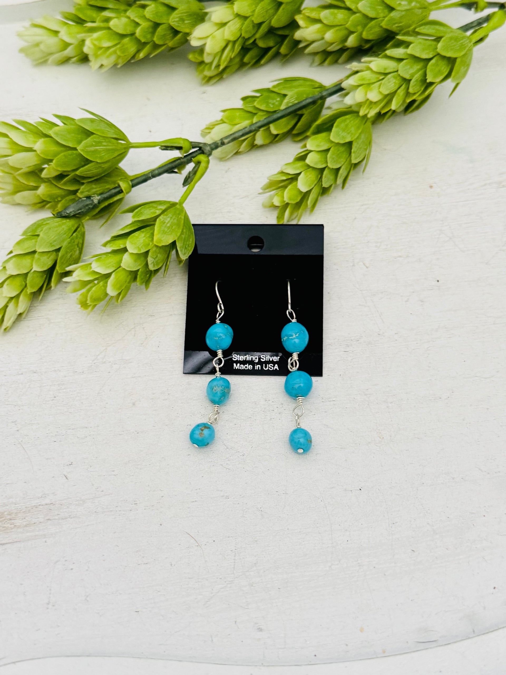 Navajo Strung Kingman Turquoise & Sterling Silver Beaded Dangle Earrings