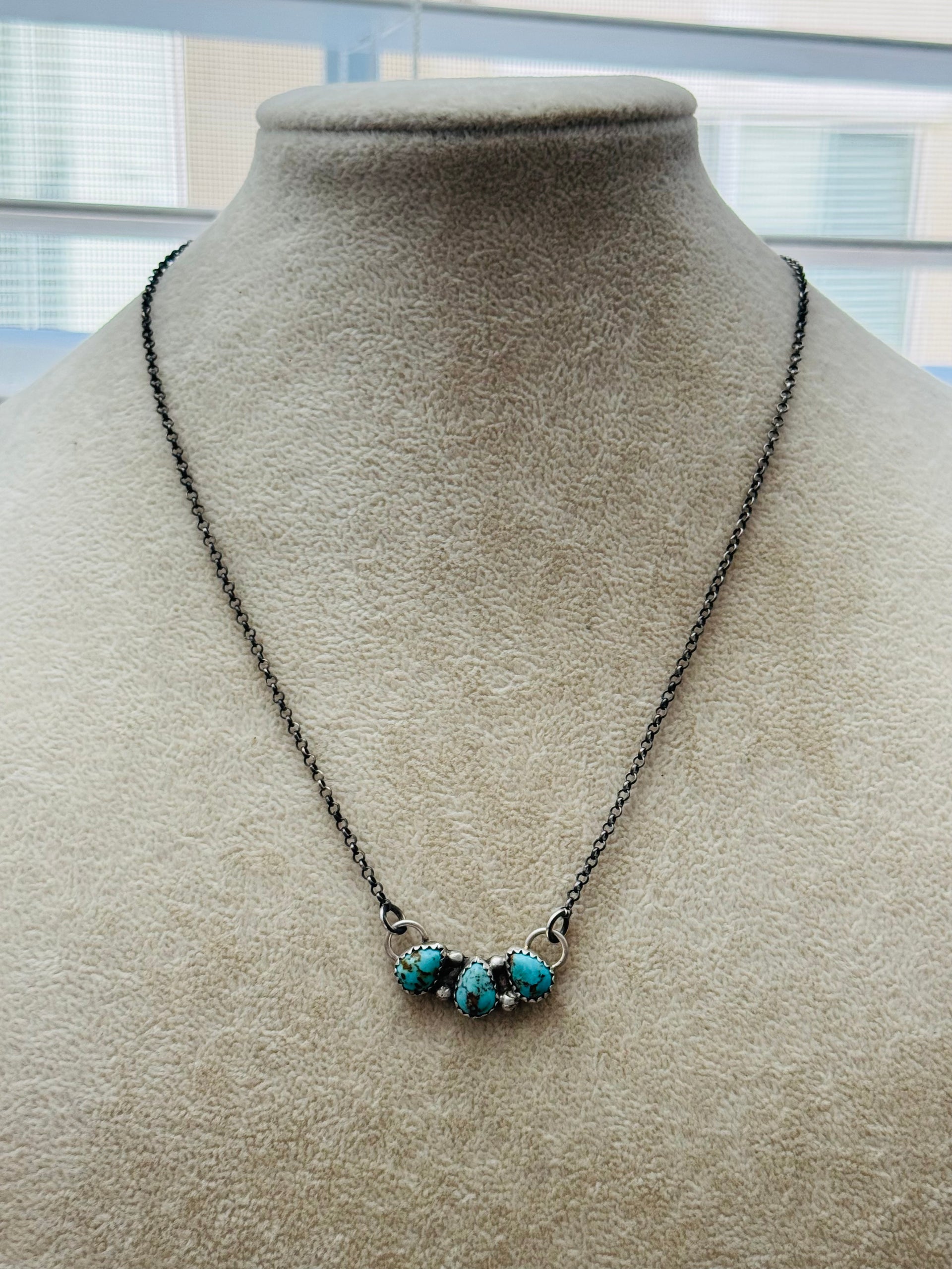 Navajo Made Kingman Turquoise & Sterling Silver 3 Stone Necklace
