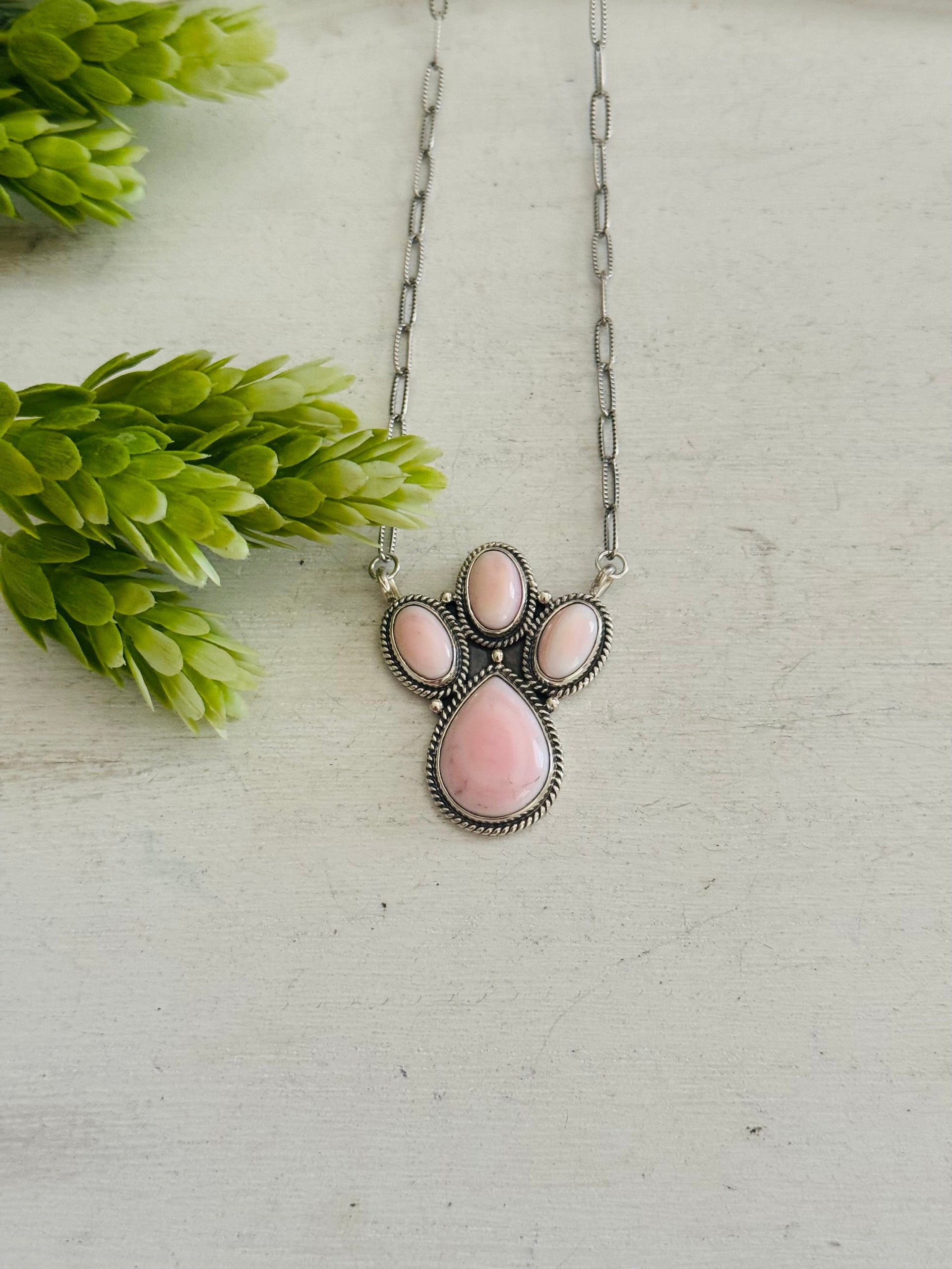 Southwest Made Pink Conch & Sterling Silver Cluster Necklace