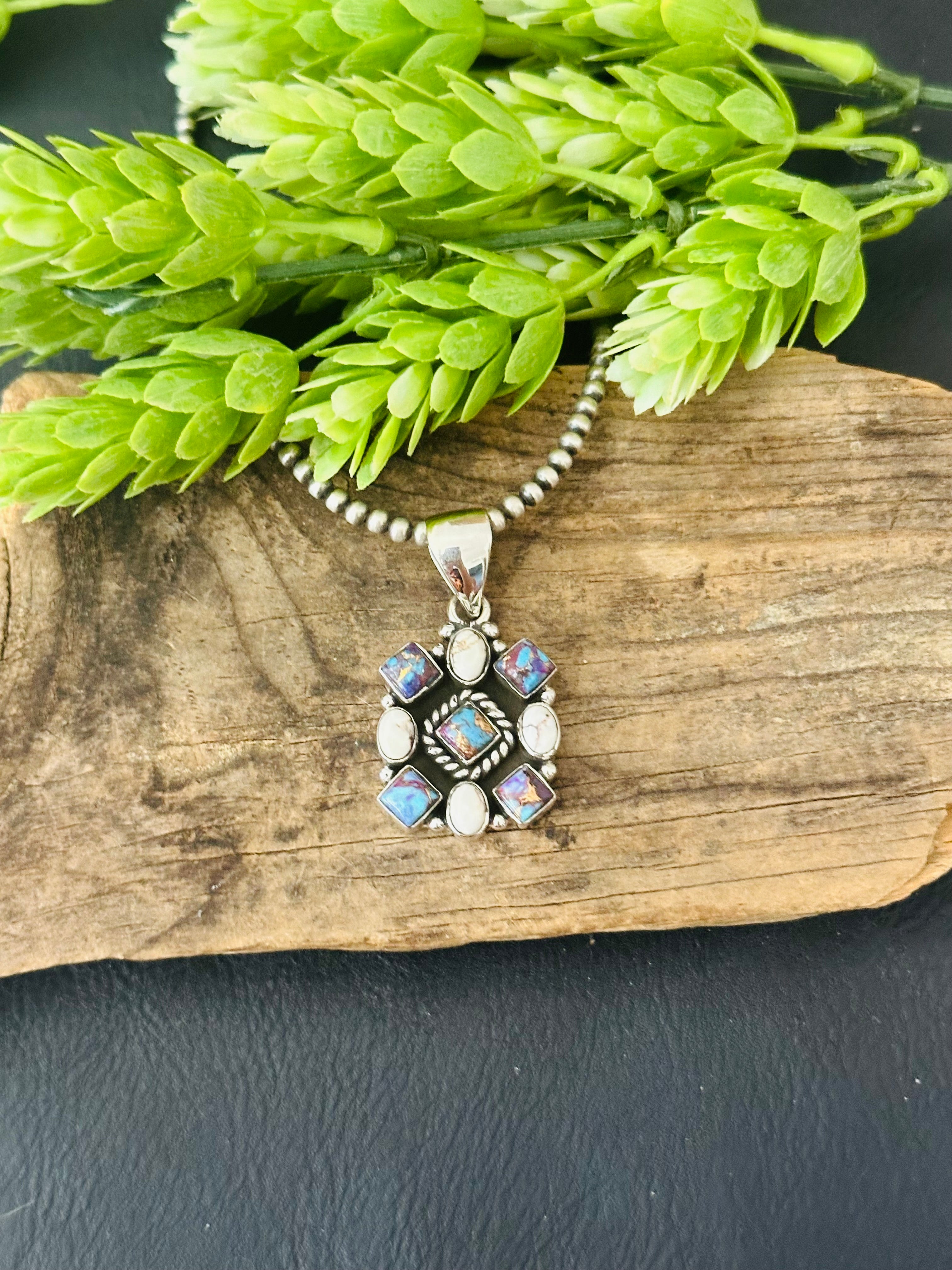 Southwest Handmade Multi Stone & Sterling Silver Cluster Pendant