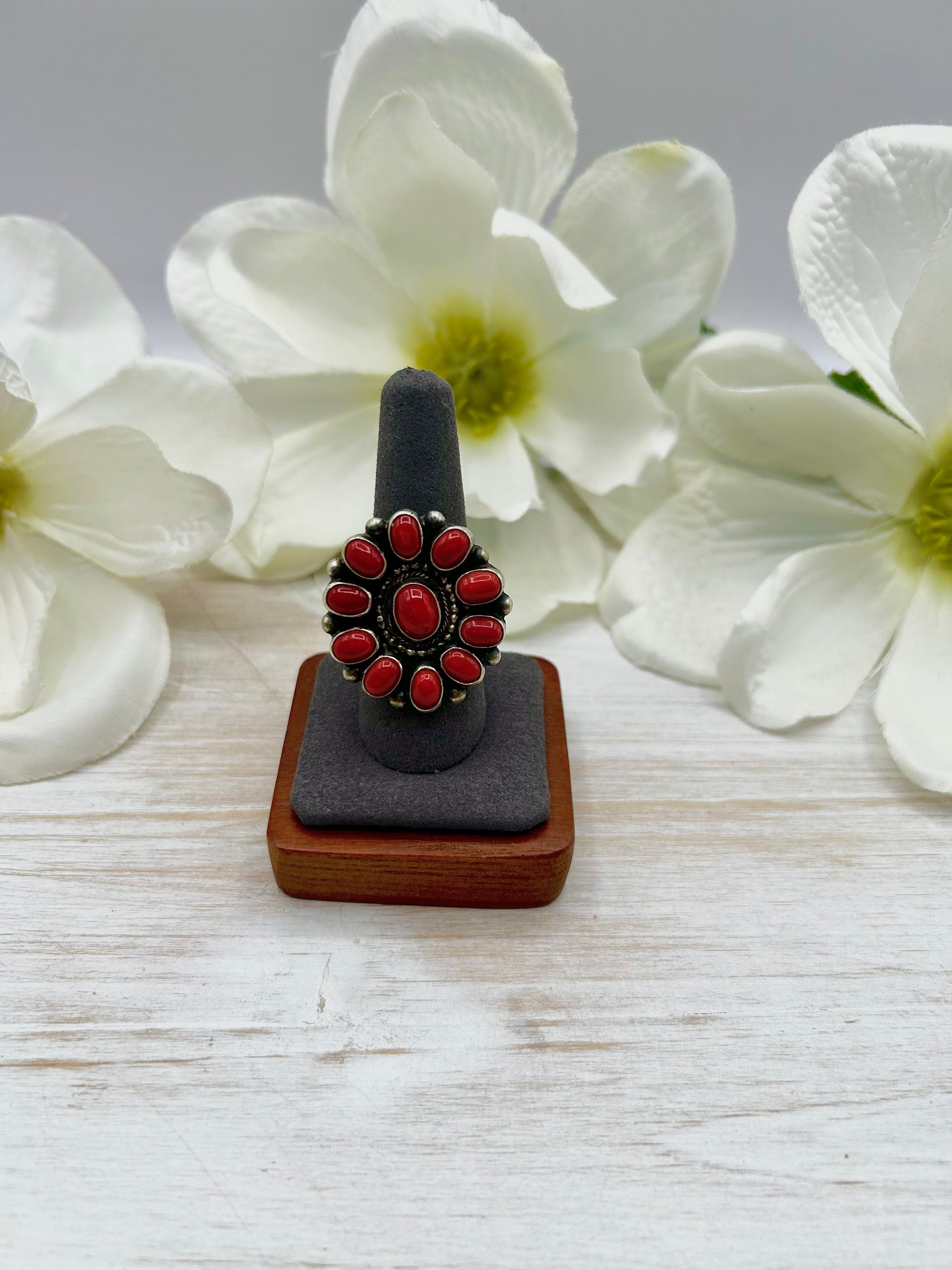 Kathleen Livingston Natural Coral & Sterling Silver Ring Size 8.75
