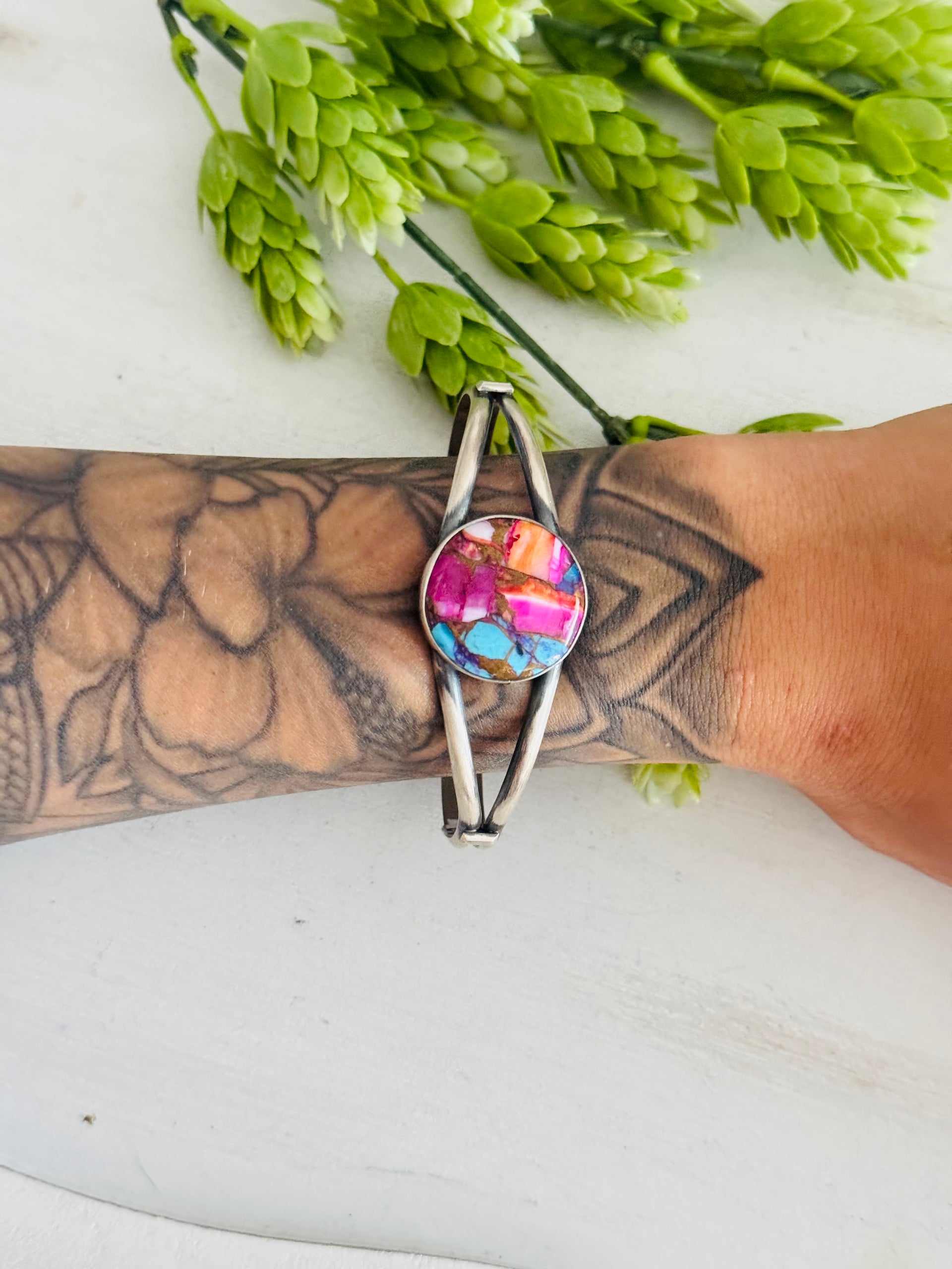 Navajo Made Mohave Turquoise  & Sterling Silver Cuff Bracelet