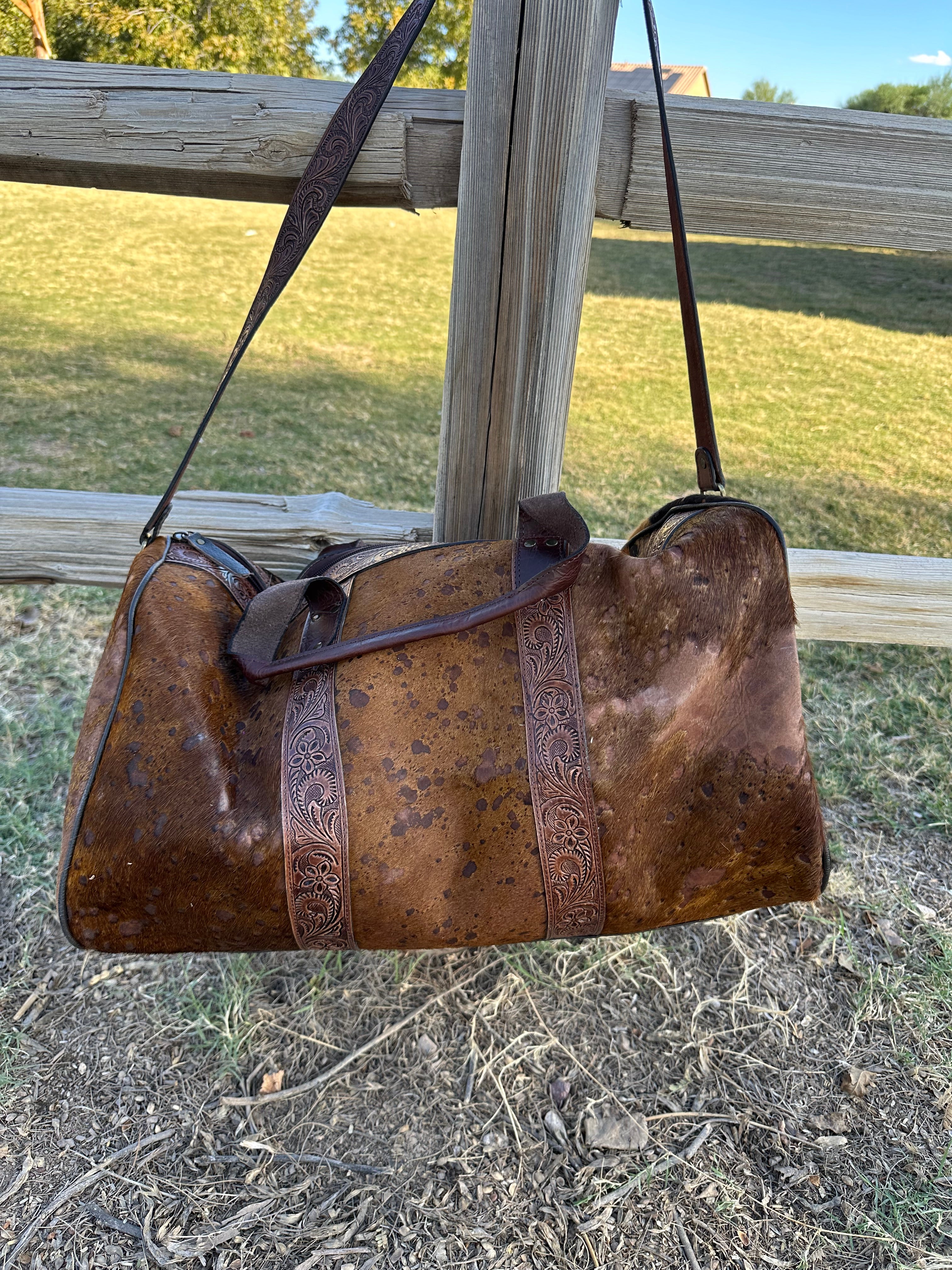 Genuine Tooled Leather Cowhide Duffle Bag