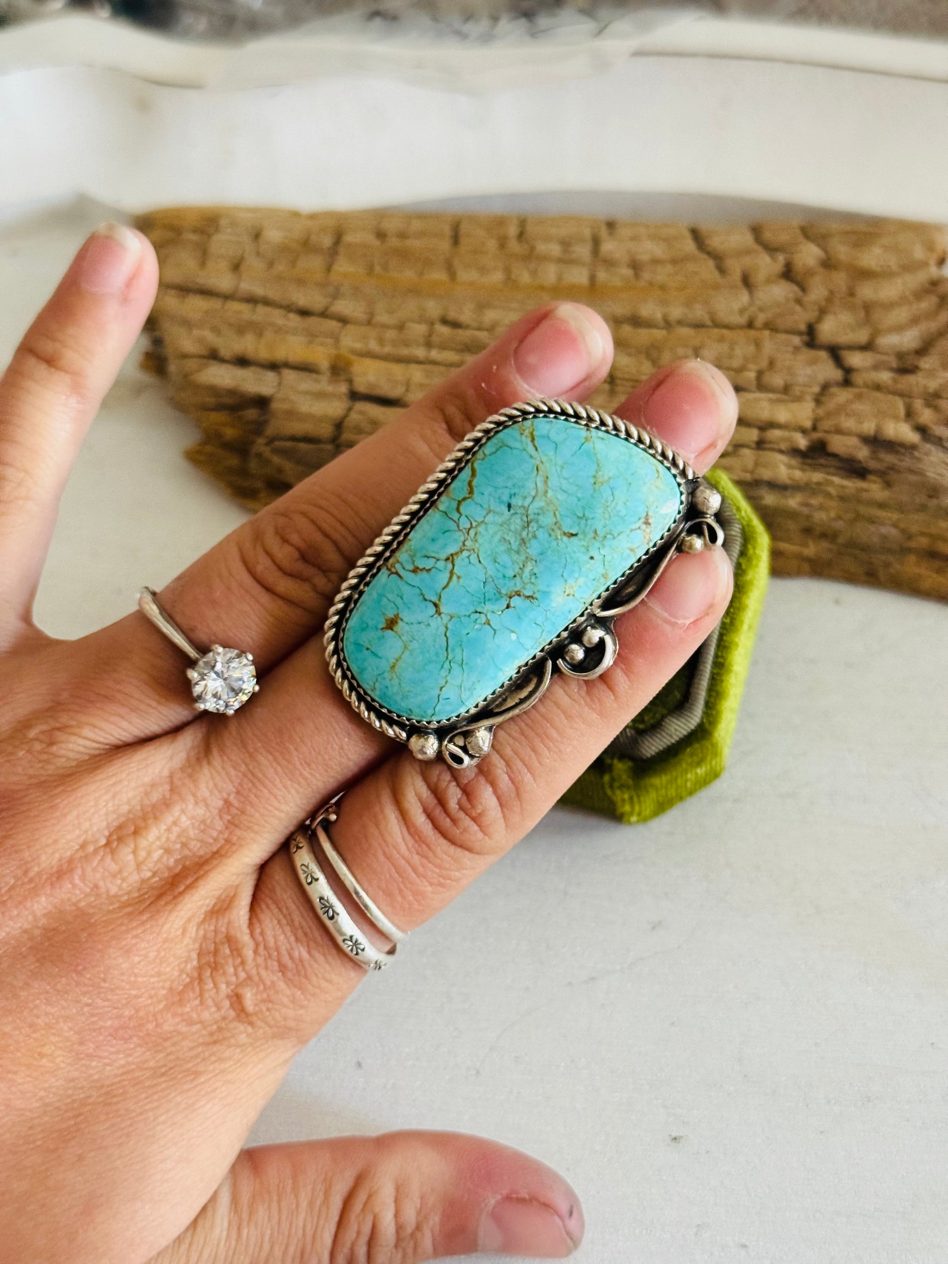 Navajo Made #8 Turquoise & Sterling Silver Adjustable Ring