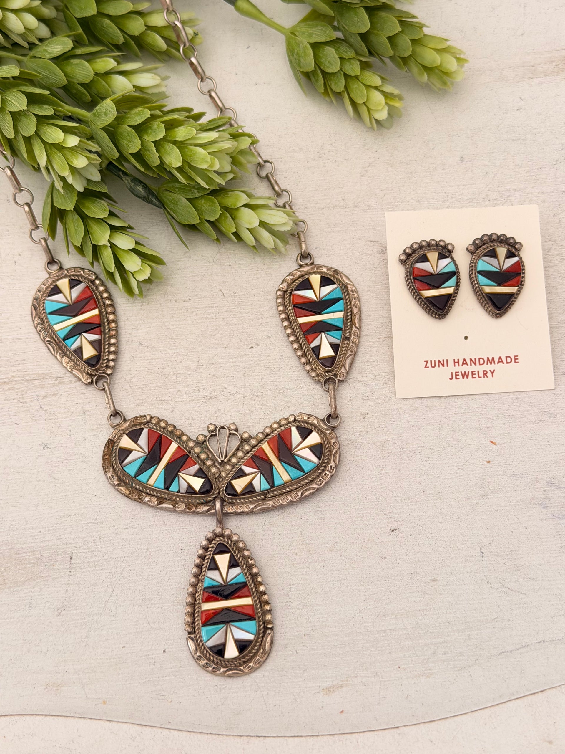 OLD PAWN Zuni Made Multi Stone & Sterling Silver Cobblestone Necklace Set