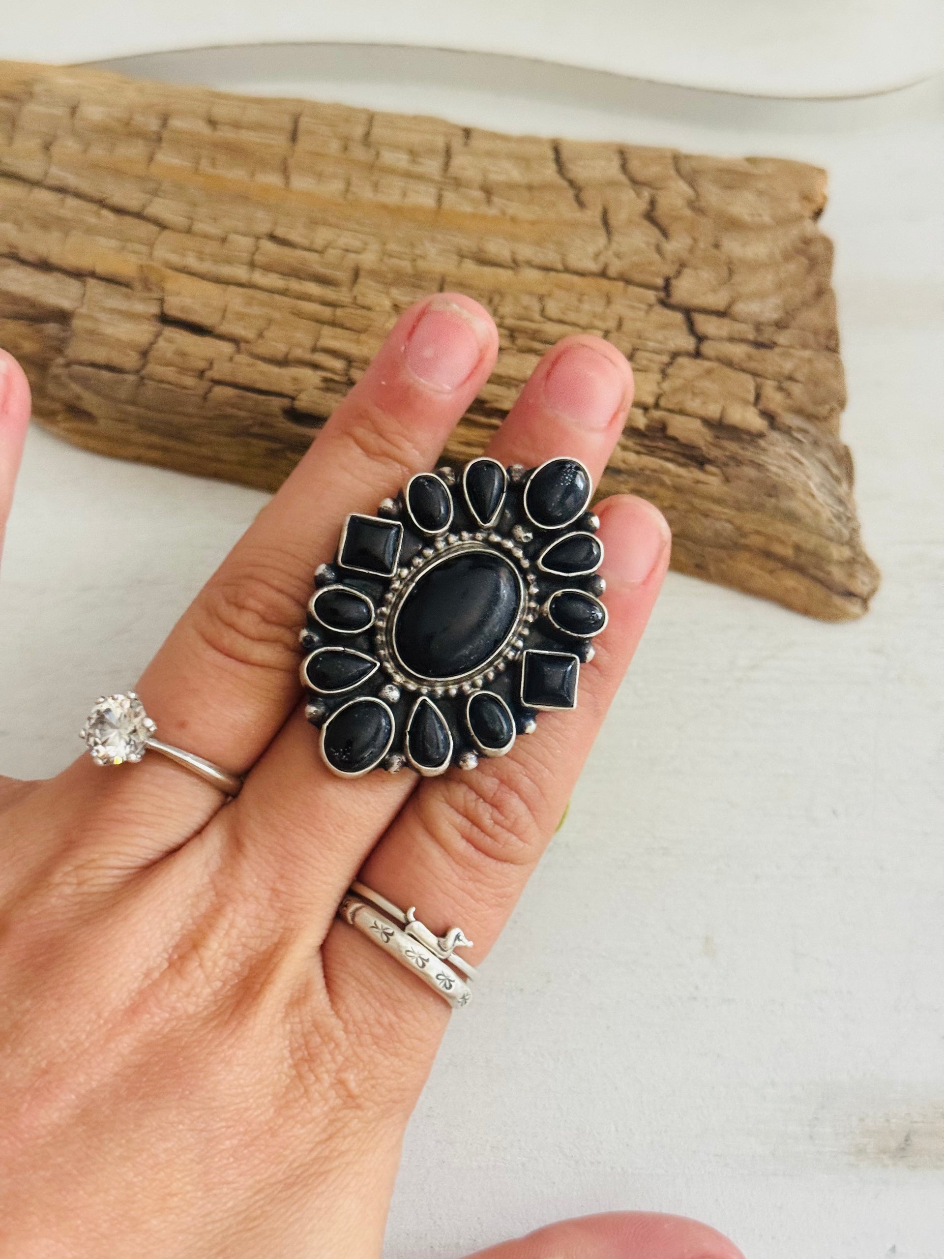 Sheila Becenti Onyx & Sterling Silver Adjustable Cluster Ring