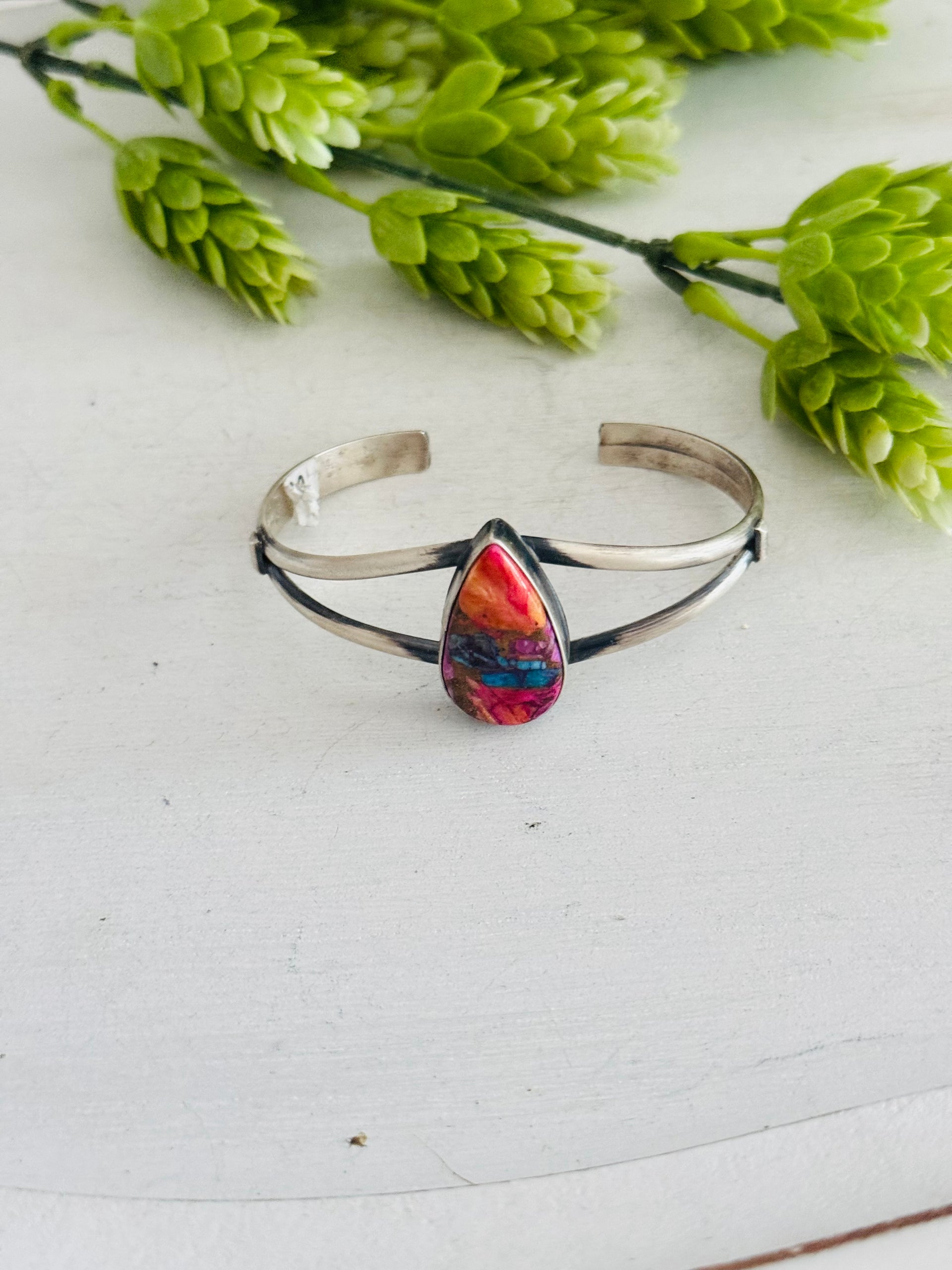 Navajo Made Mohave Turquoise  & Sterling Silver Cuff Bracelet