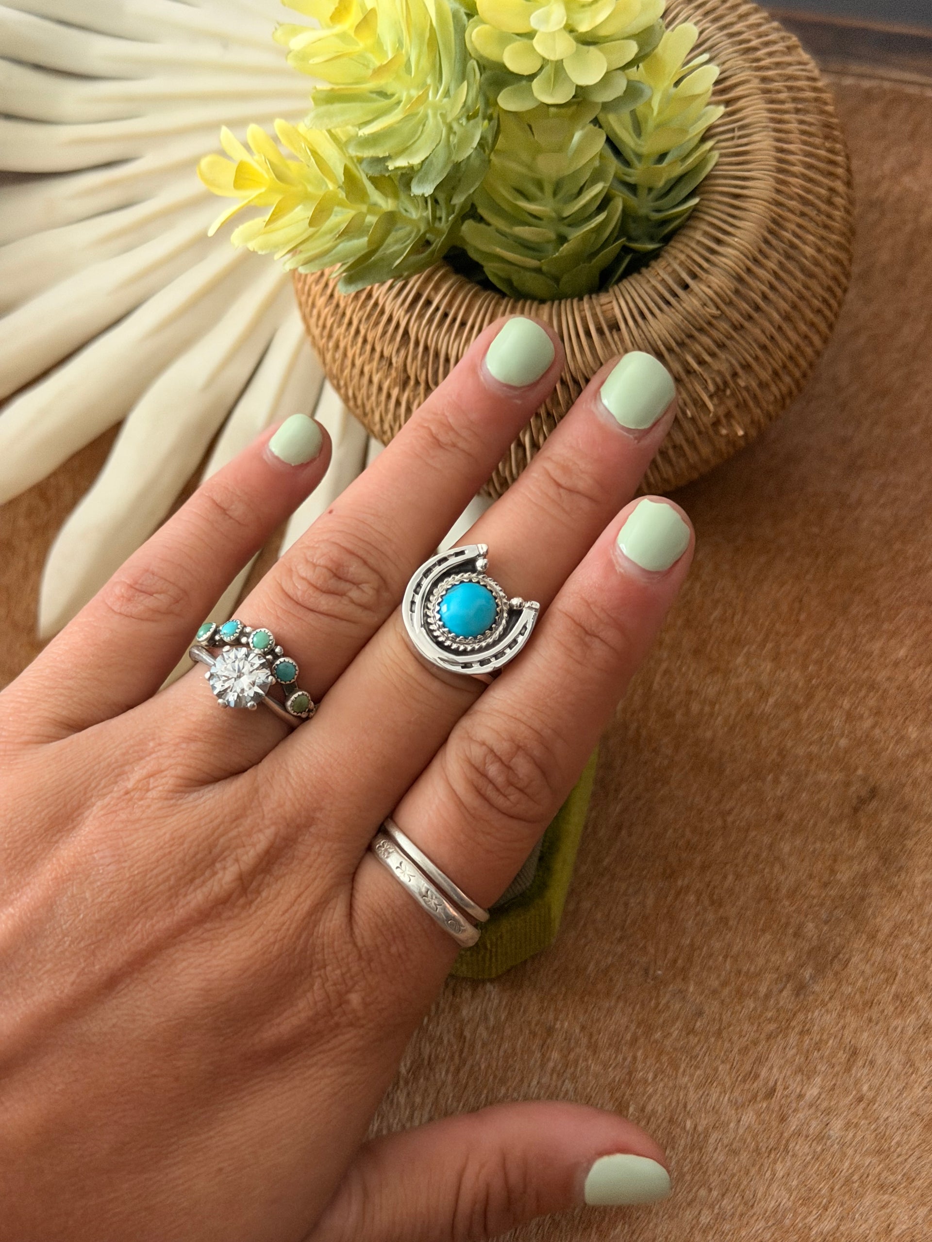 Navajo Made Kingman Turquoise & Sterling Silver Horse Shoe Ring
