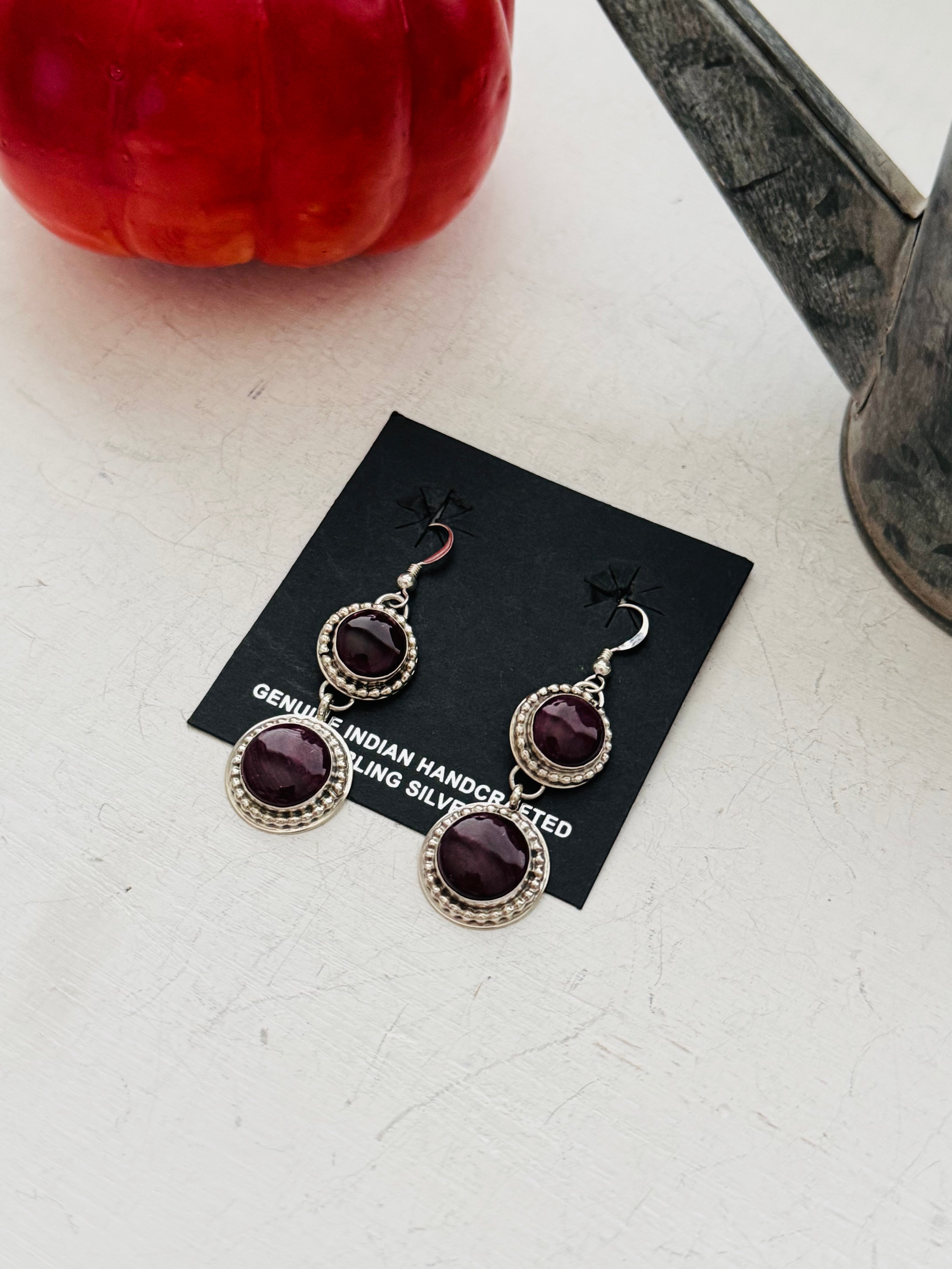 Navajo Made Purple Spiny Oyster & Sterling Silver Dangle Earrings