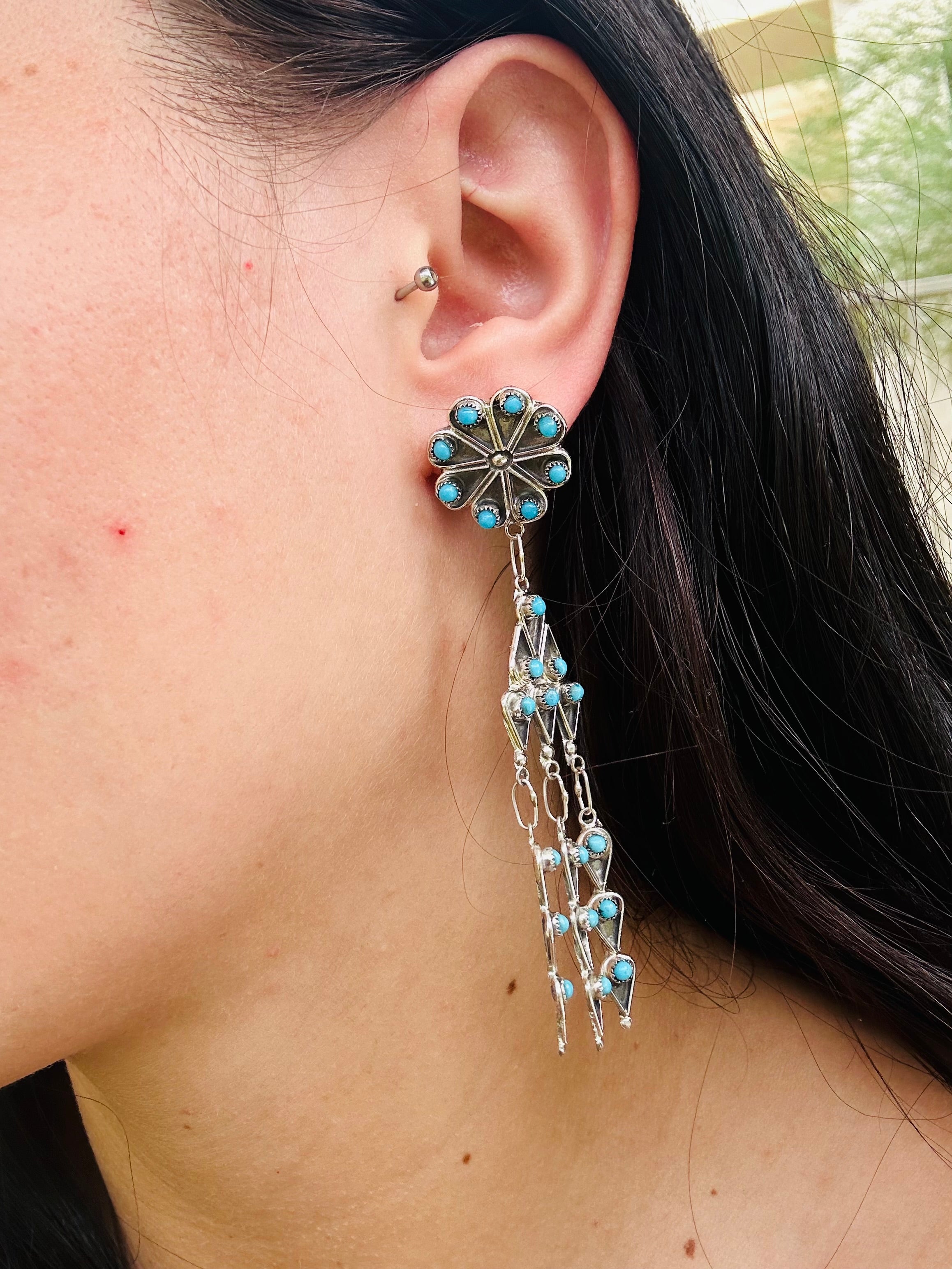 Zuni Made Turquoise Petite Point & Sterling Silver Post Dangle Earrings