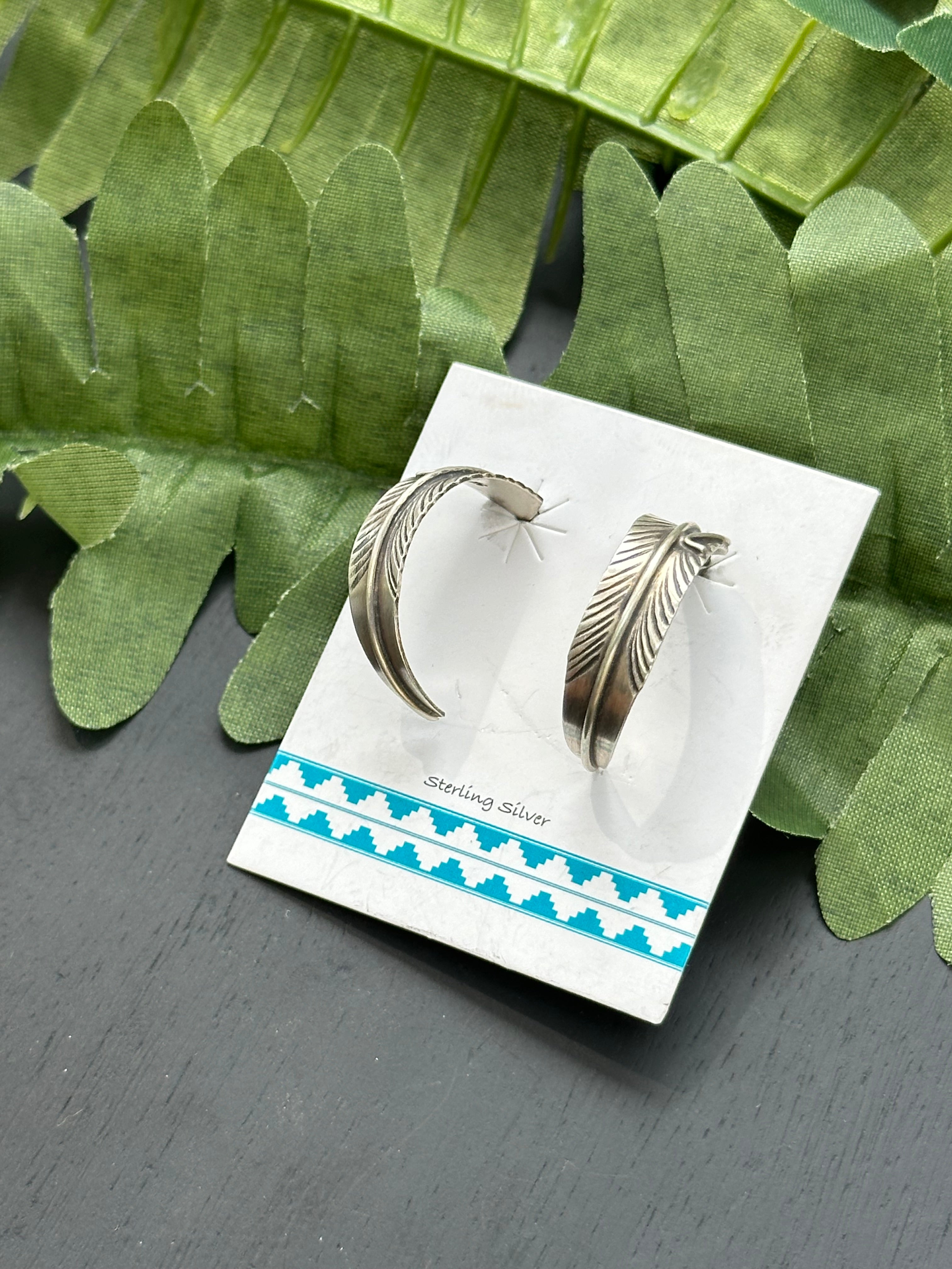 Navajo Made Sterling Silver Feather Post Hoop Earrings