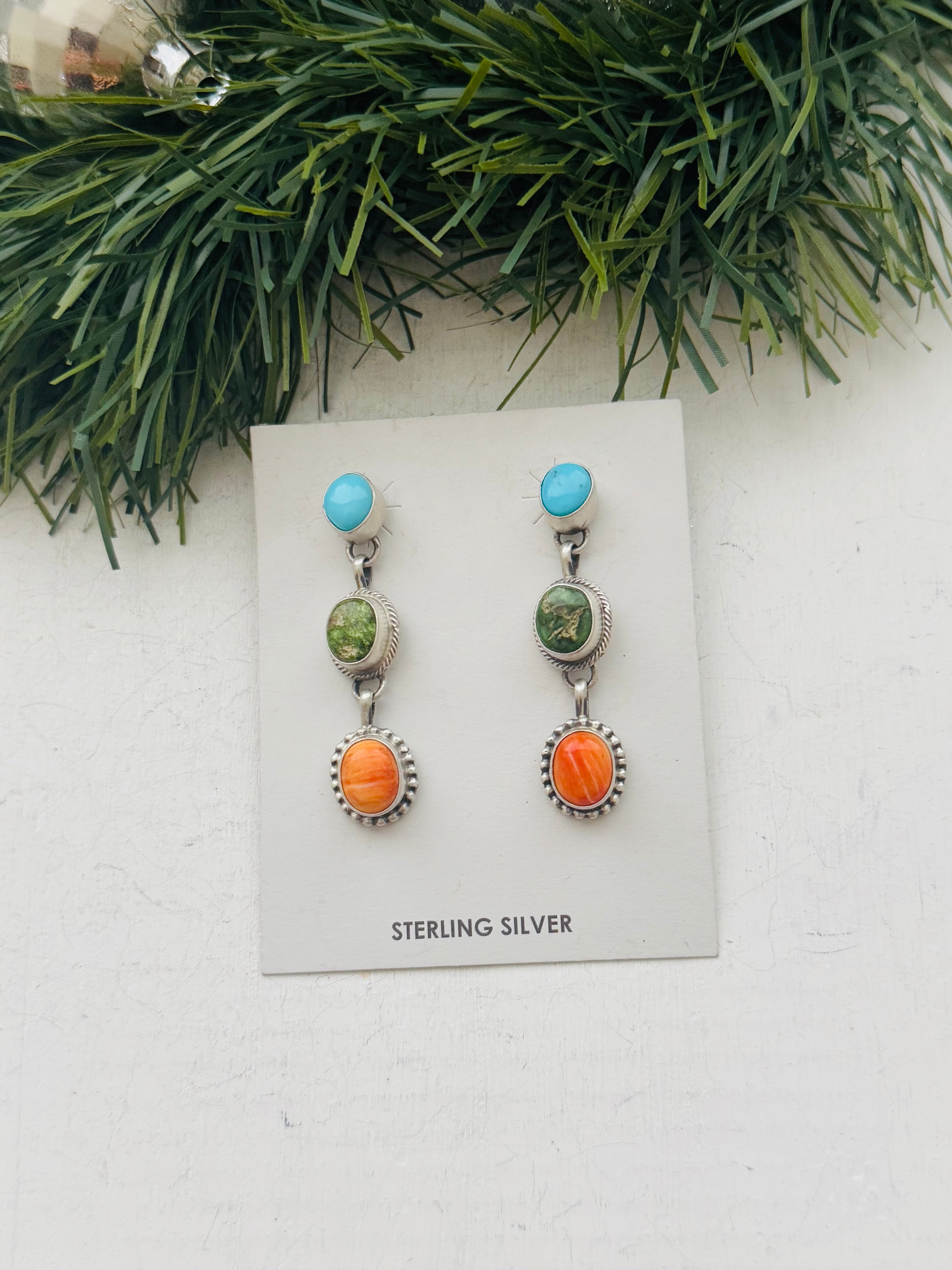 Tim Yazzie Multi Stone & Sterling Silver Post Dangle Earrings