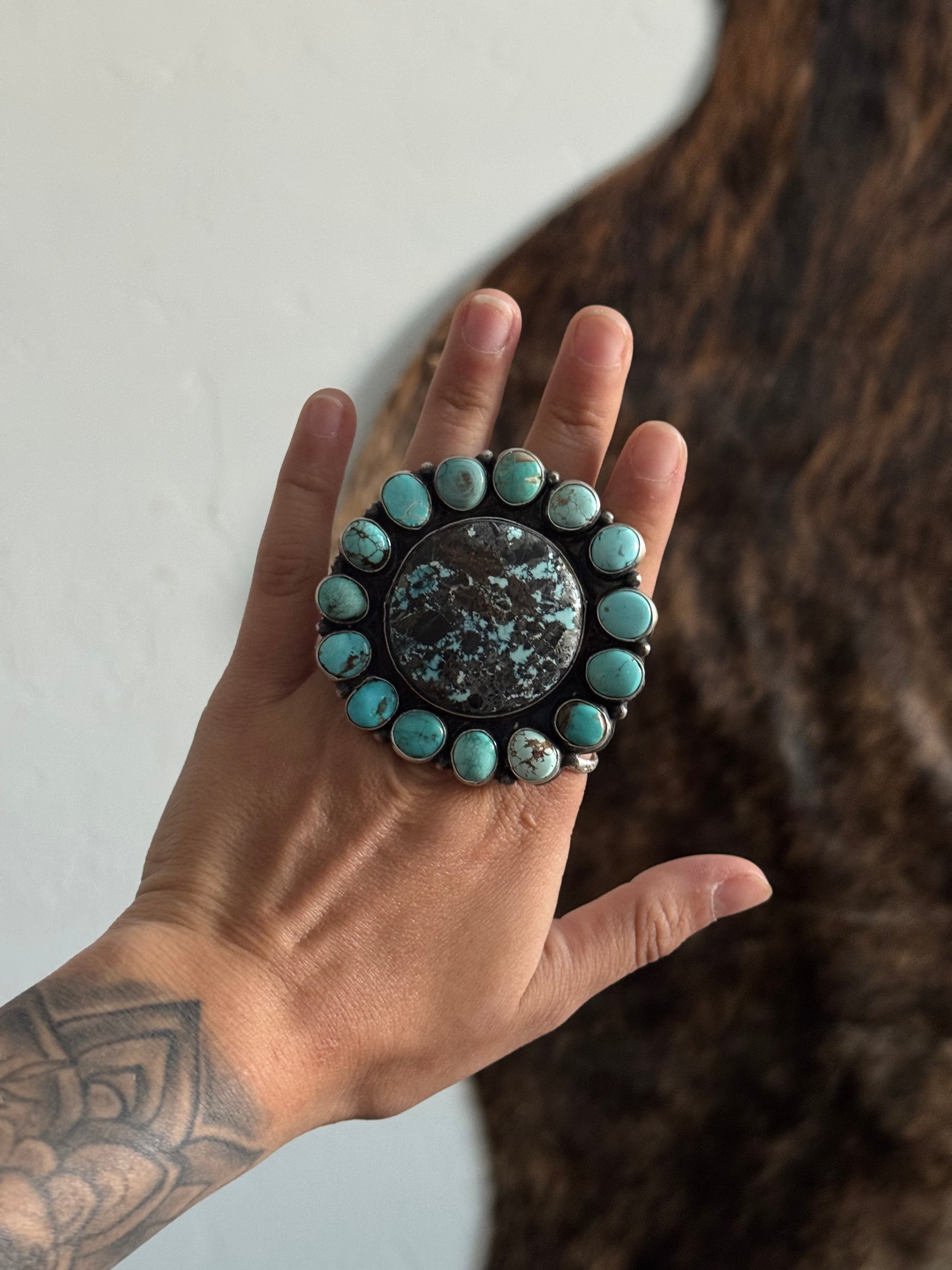 Travis J Mixed Turquoise & Sterling Silver Cluster Ring Size 8