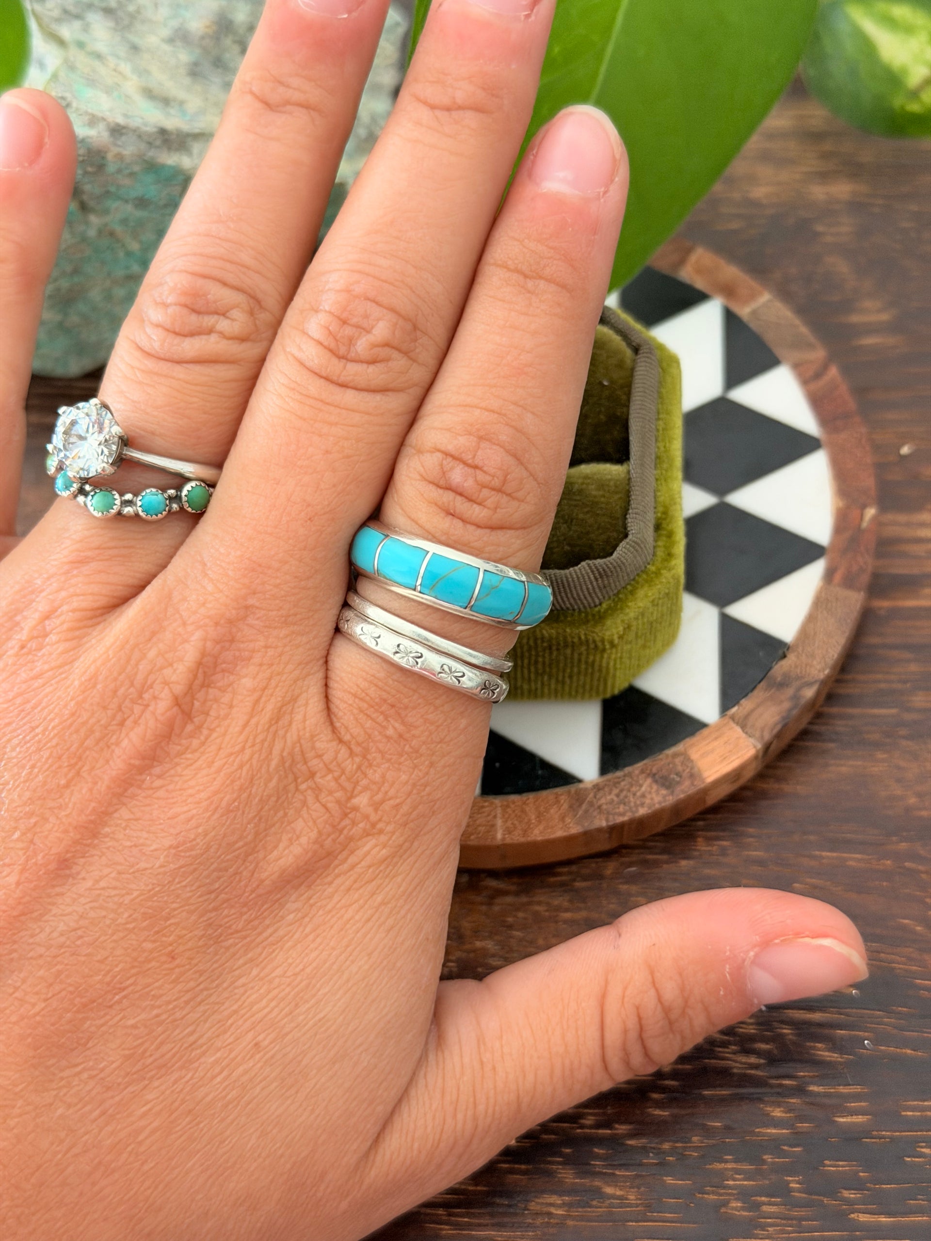 Navajo Made Kingman Turquoise & Sterling Silver Inlay Band Ring