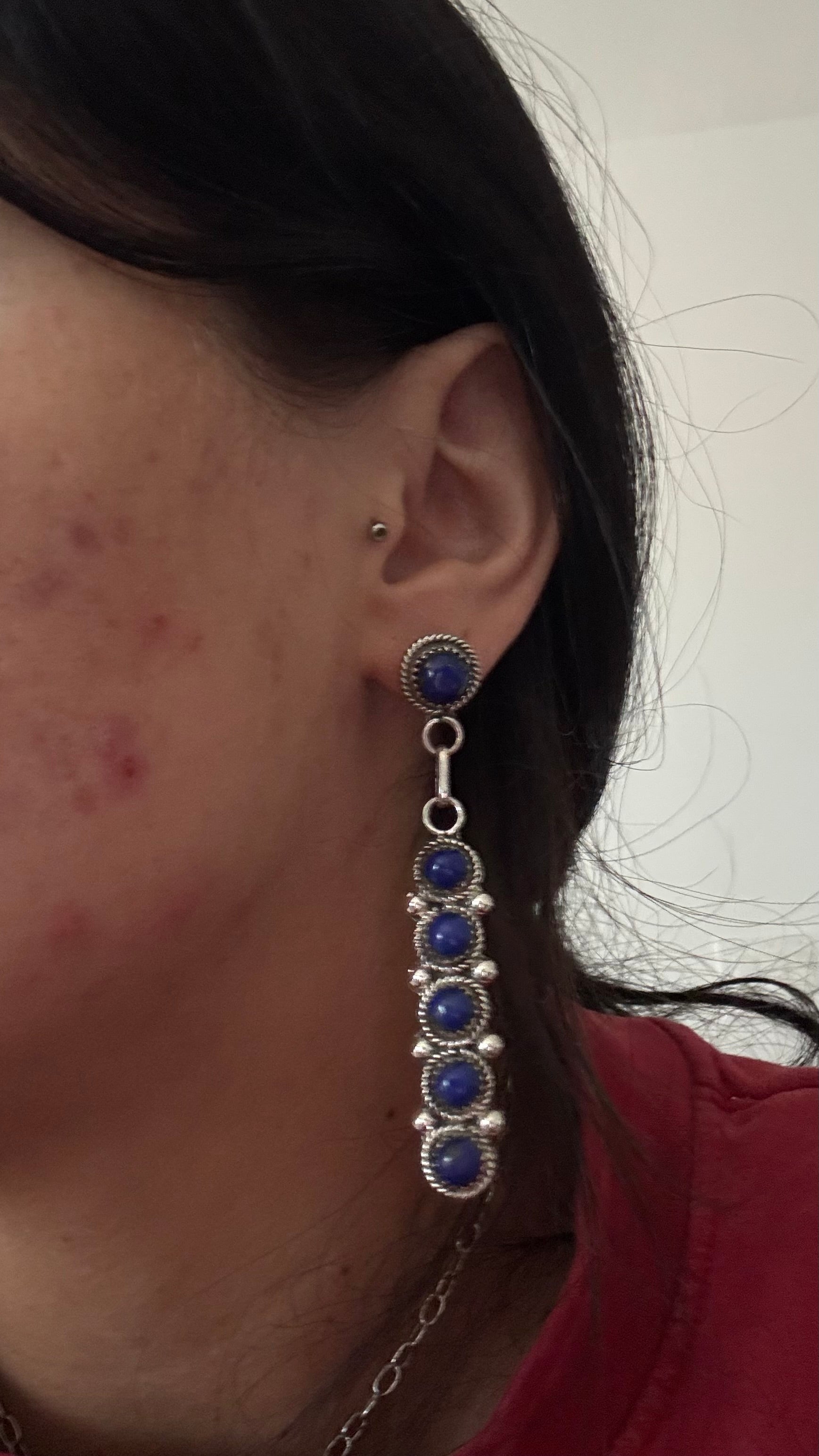 Navajo Made Lapis & Sterling Silver Post Dangle Earrings