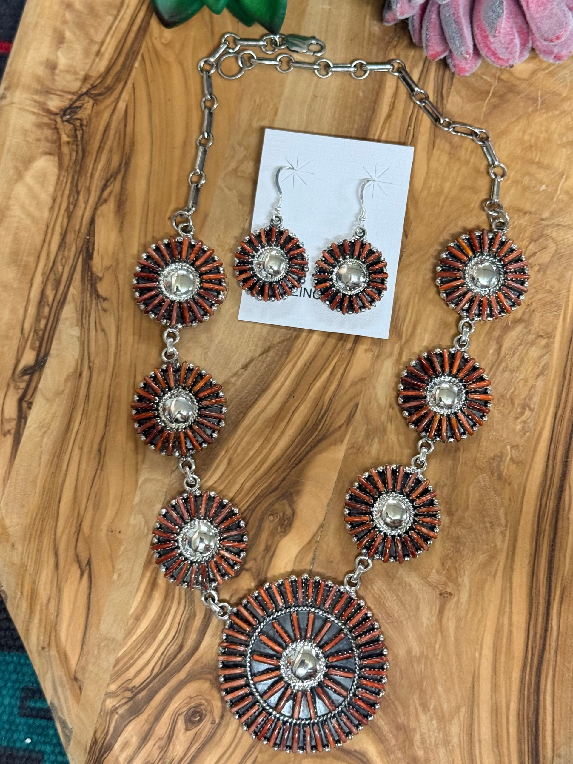 Southwest Handmade Red Spiny Oyster & Sterling Silver Necklace Set