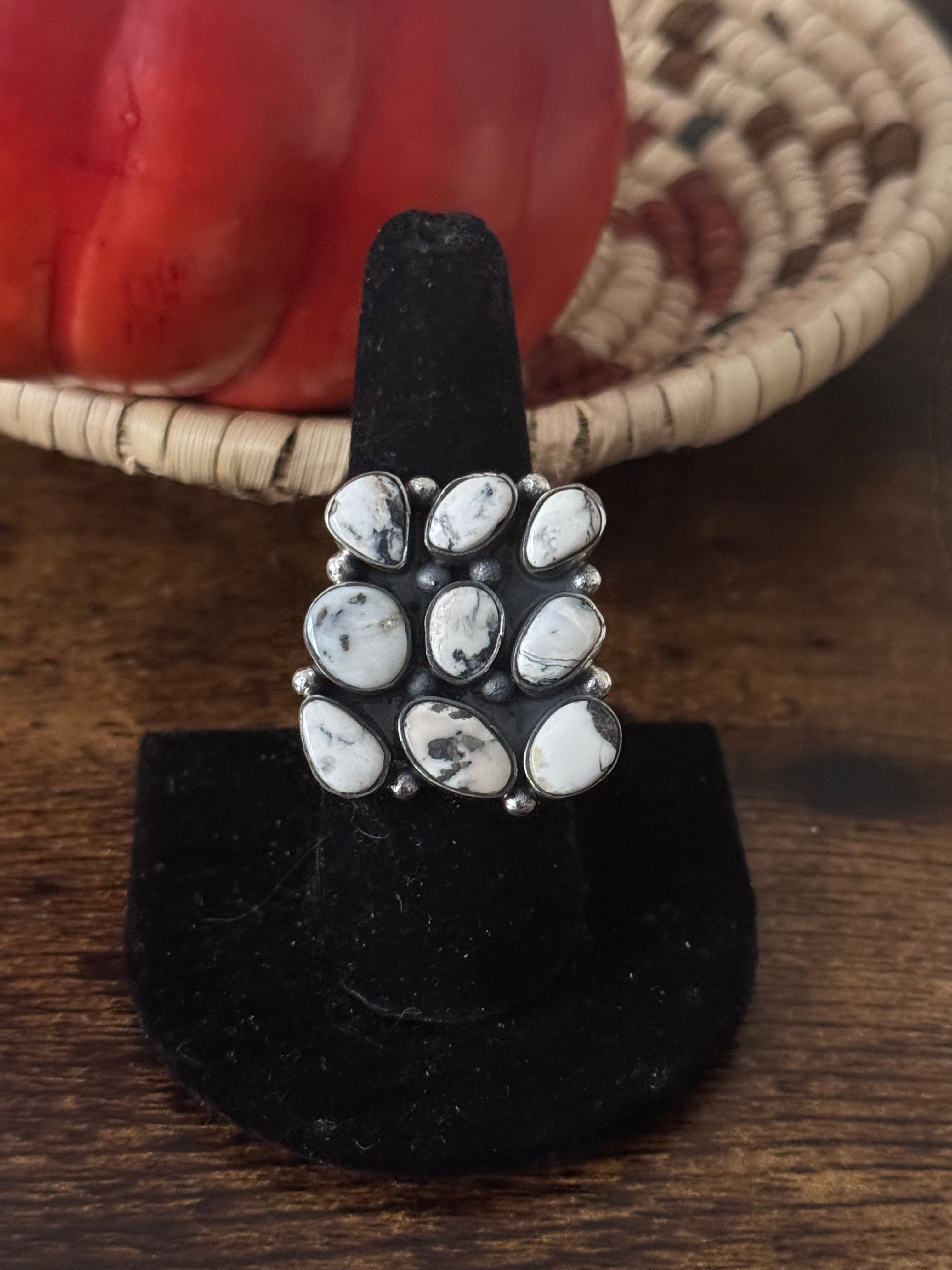 Southwest Handmade White Buffalo & Sterling Silver Adjustable Cluster Ring