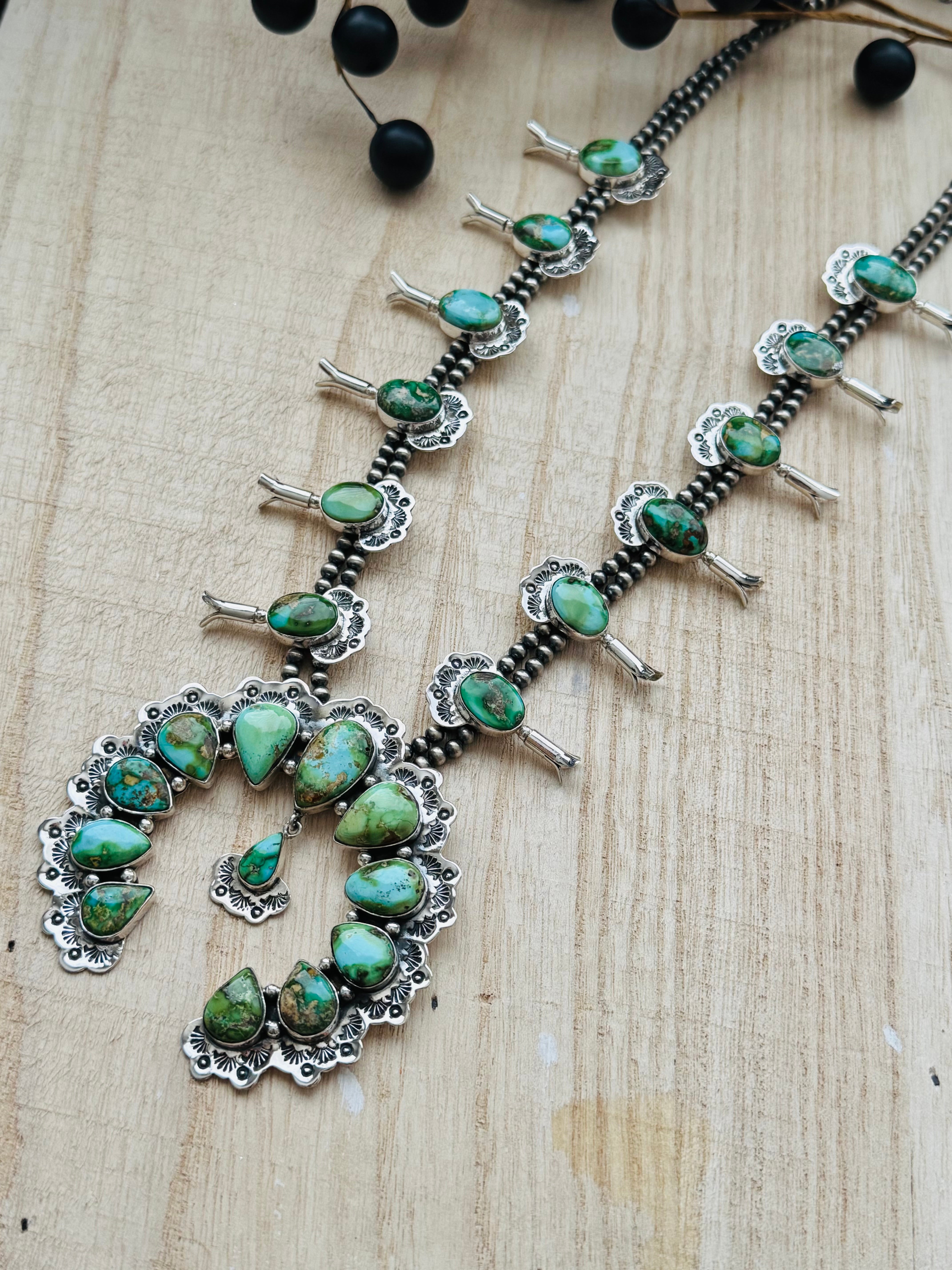 Southwest Sonoran Mountain Turquoise & Sterling Silver Squash Blossom Necklace Set