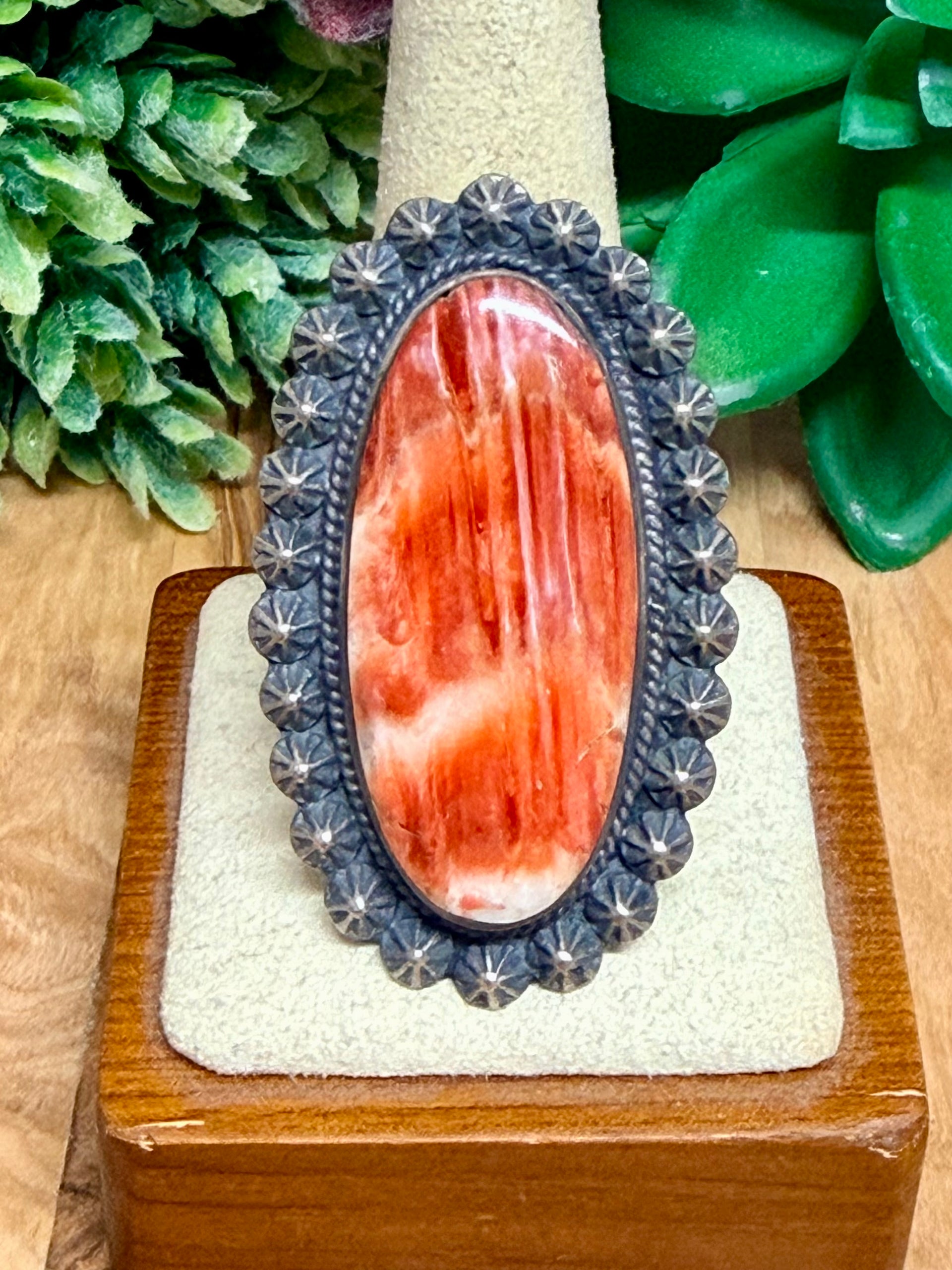 Southwest Handmade Red Spiny Oyster & Sterling Silver Ring Size 10.25