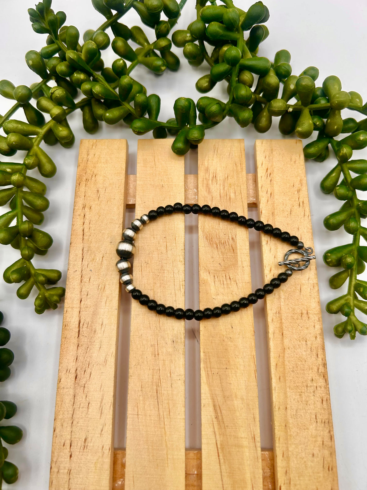 Navajo Strung Onyx & Sterling Silver Link  Bracelet
