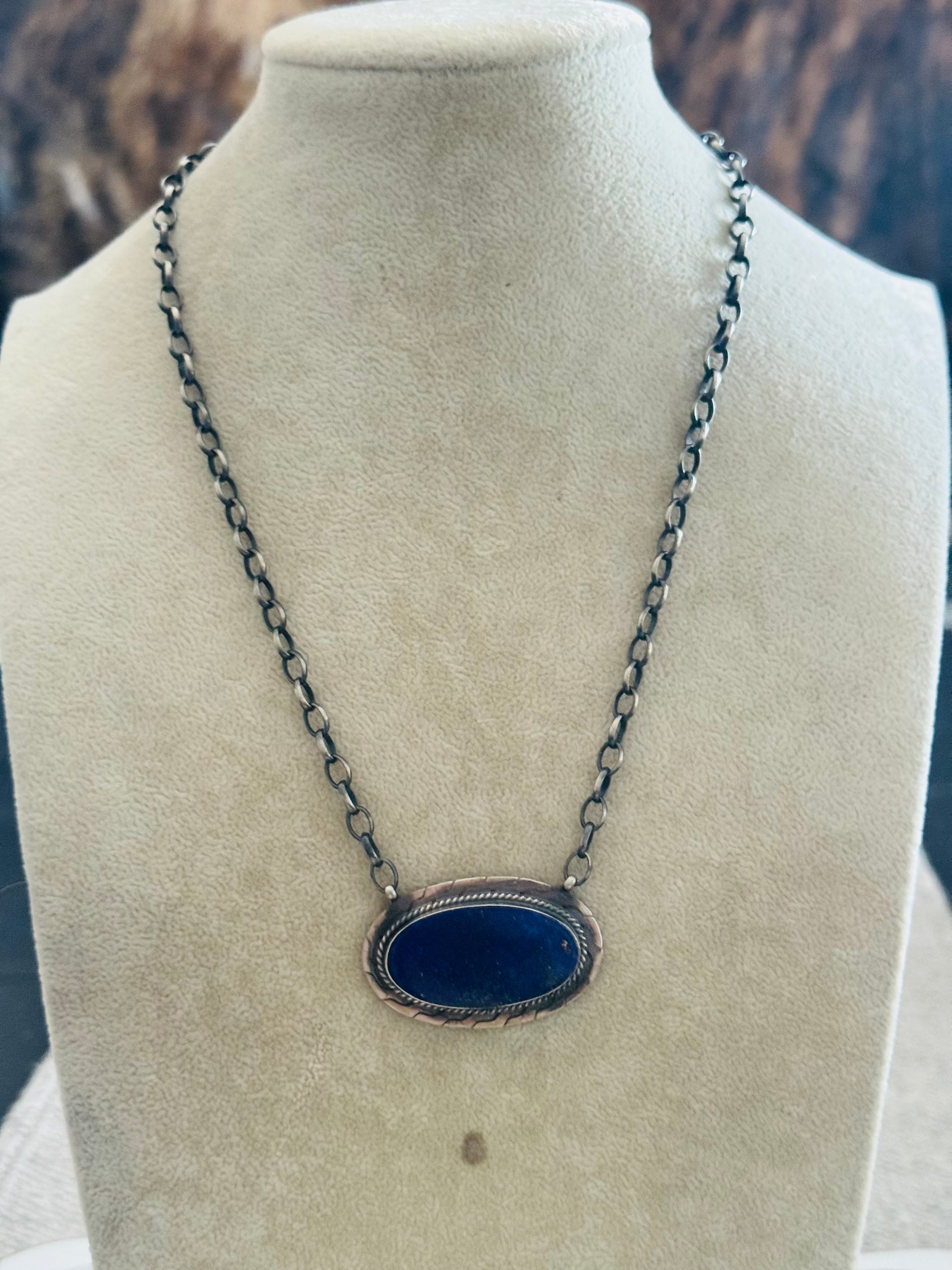 Navajo Made Lapis & Sterling Silver Necklace