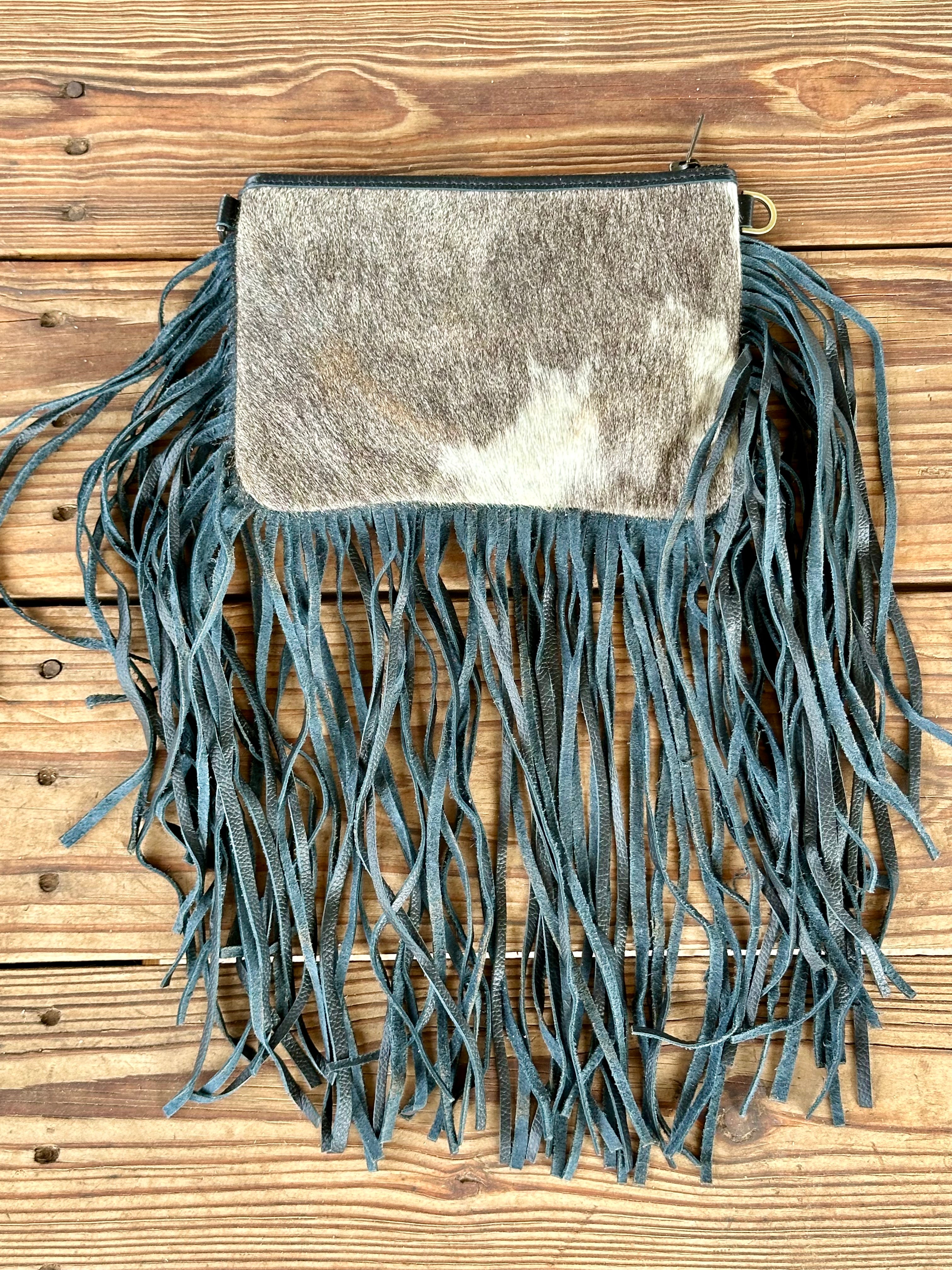 Genuine Leather Cowhide Tooled Cross Body Fringe Purse