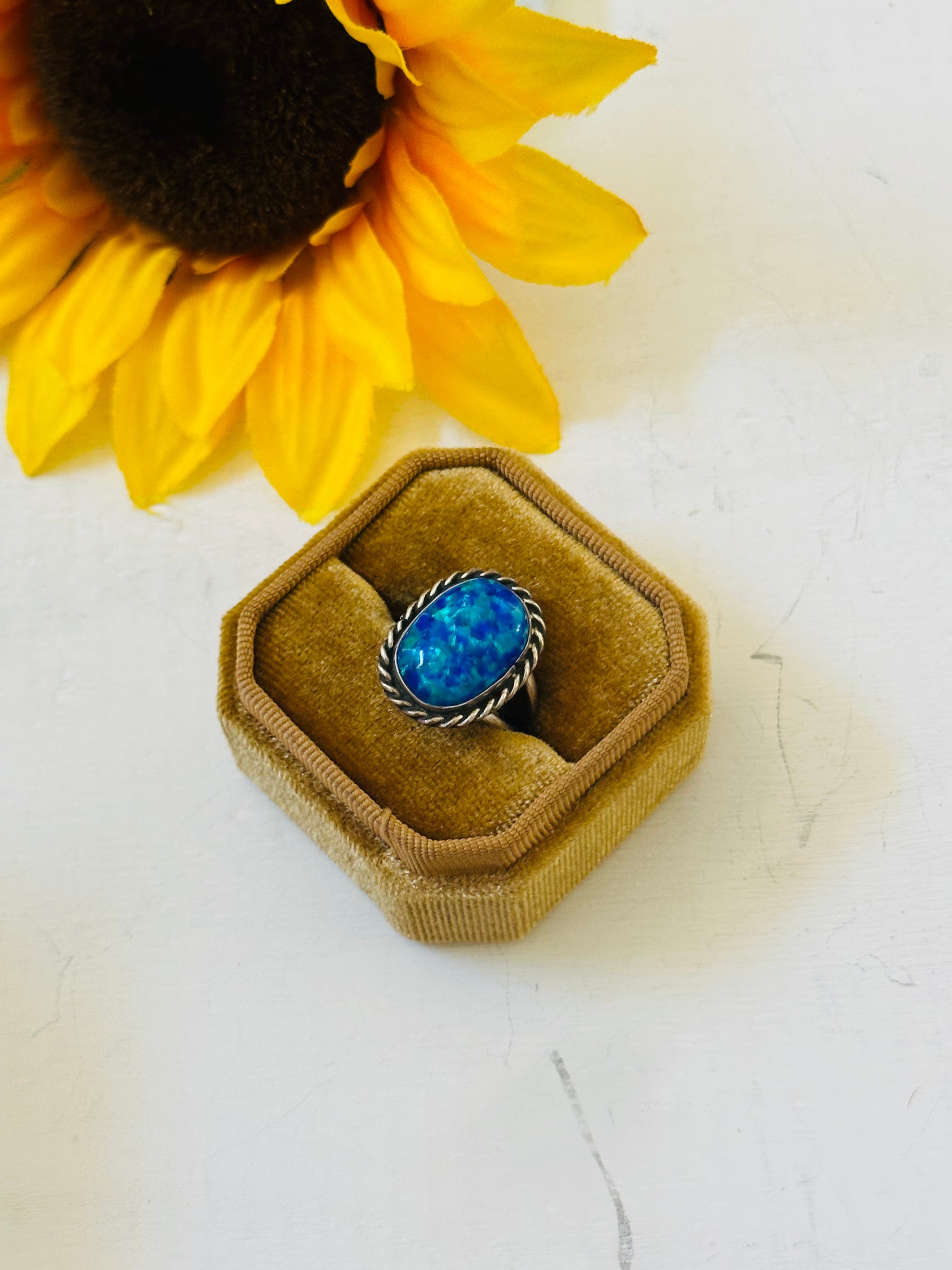 Navajo Made Blue Opal & Sterling Silver Ring Size 7