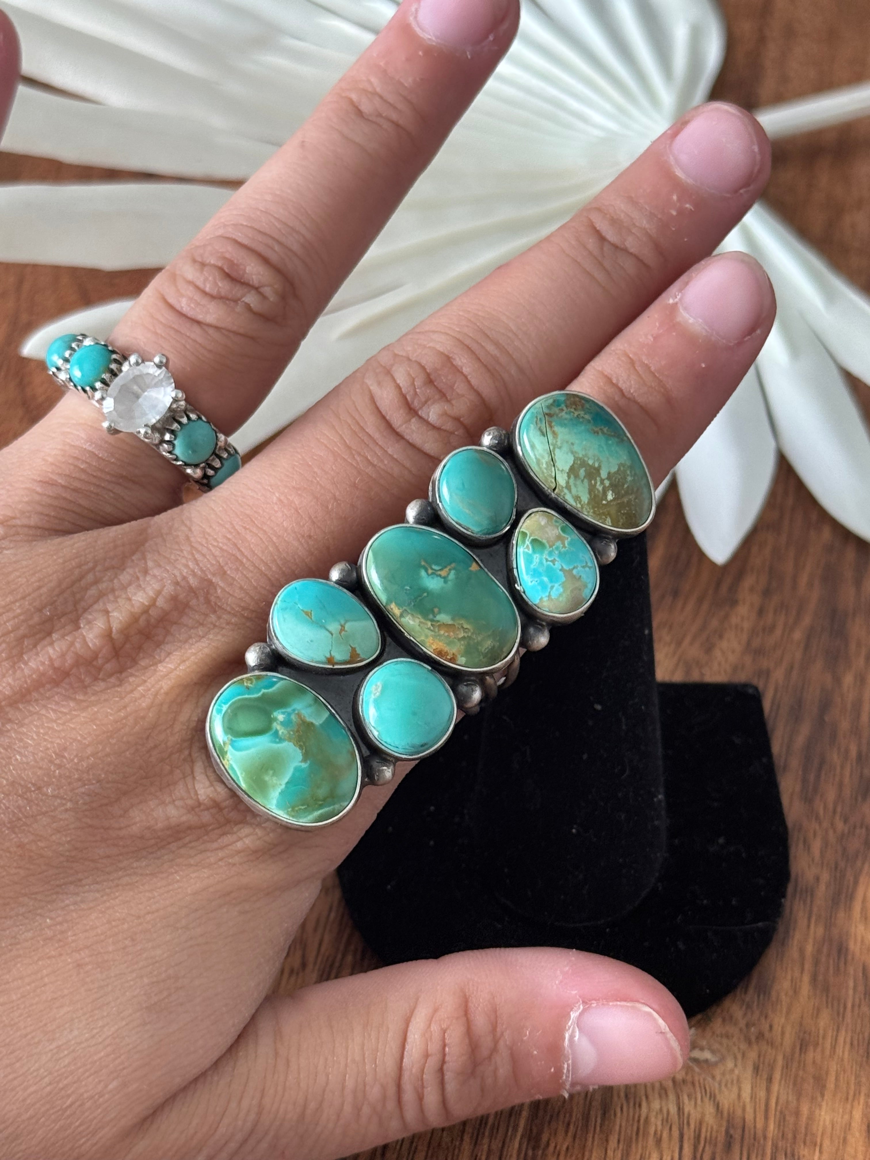 Navajo Made Royston Turquoise & Sterling Silver Cluster Ring Size 8.5