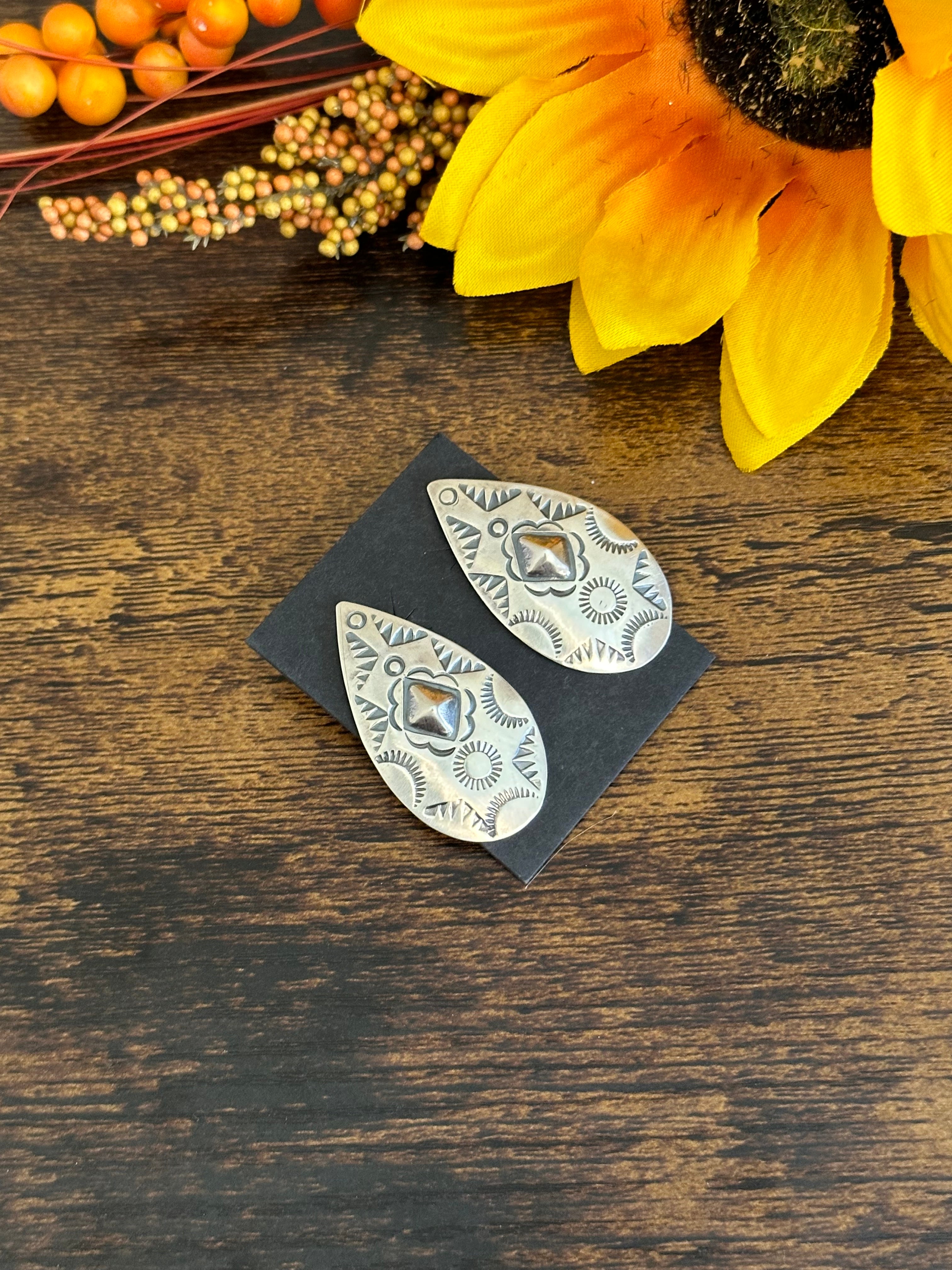 Navajo Made Sterling Silver Post Concho Earrings