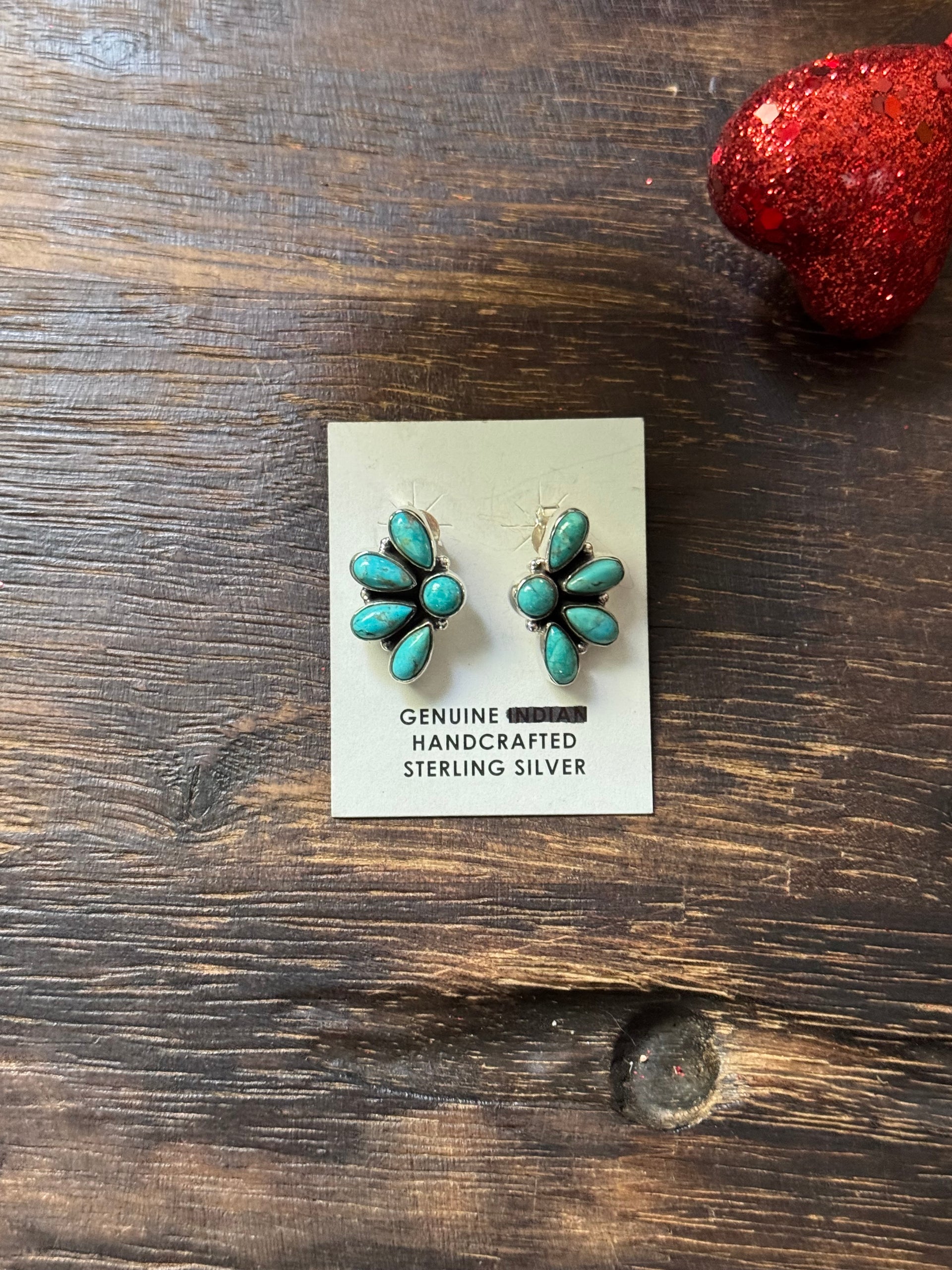 Southwest Handmade Kingman Turquoise & Sterling Silver Post Cluster Earrings