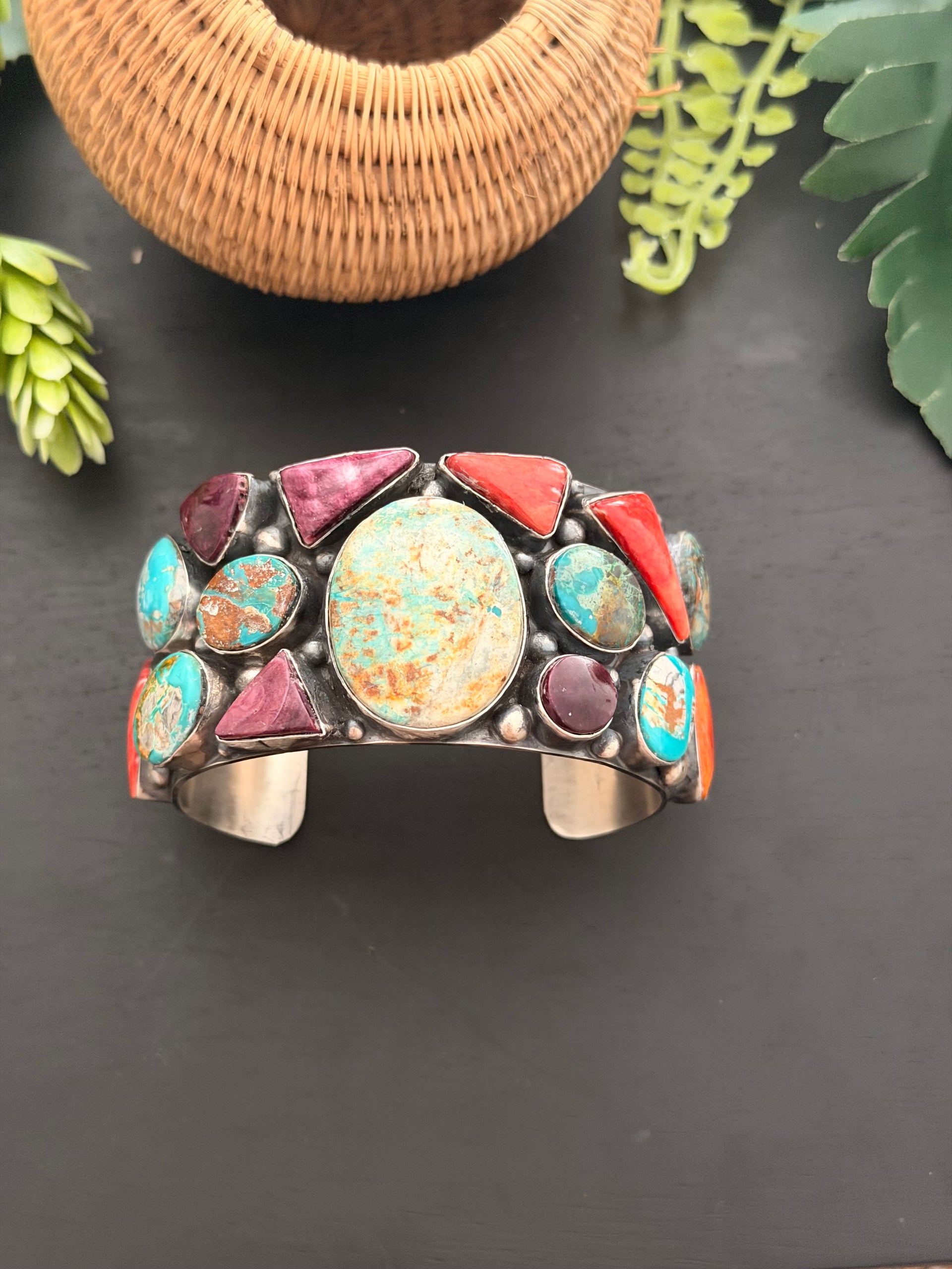Annie Spencer Multi Stone & Sterling Silver Cluster Cuff Bracelet