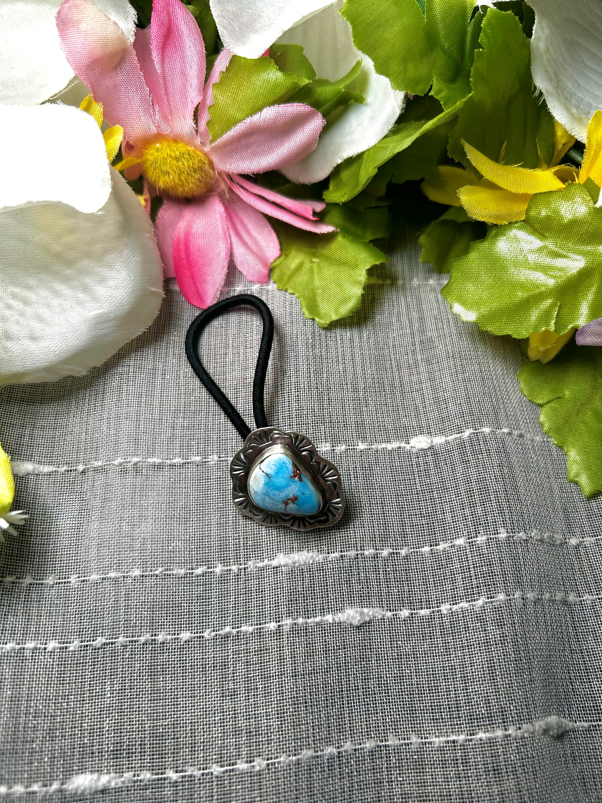 Navajo Made Golden Hill Turquoise & Sterling Silver Hair Tie