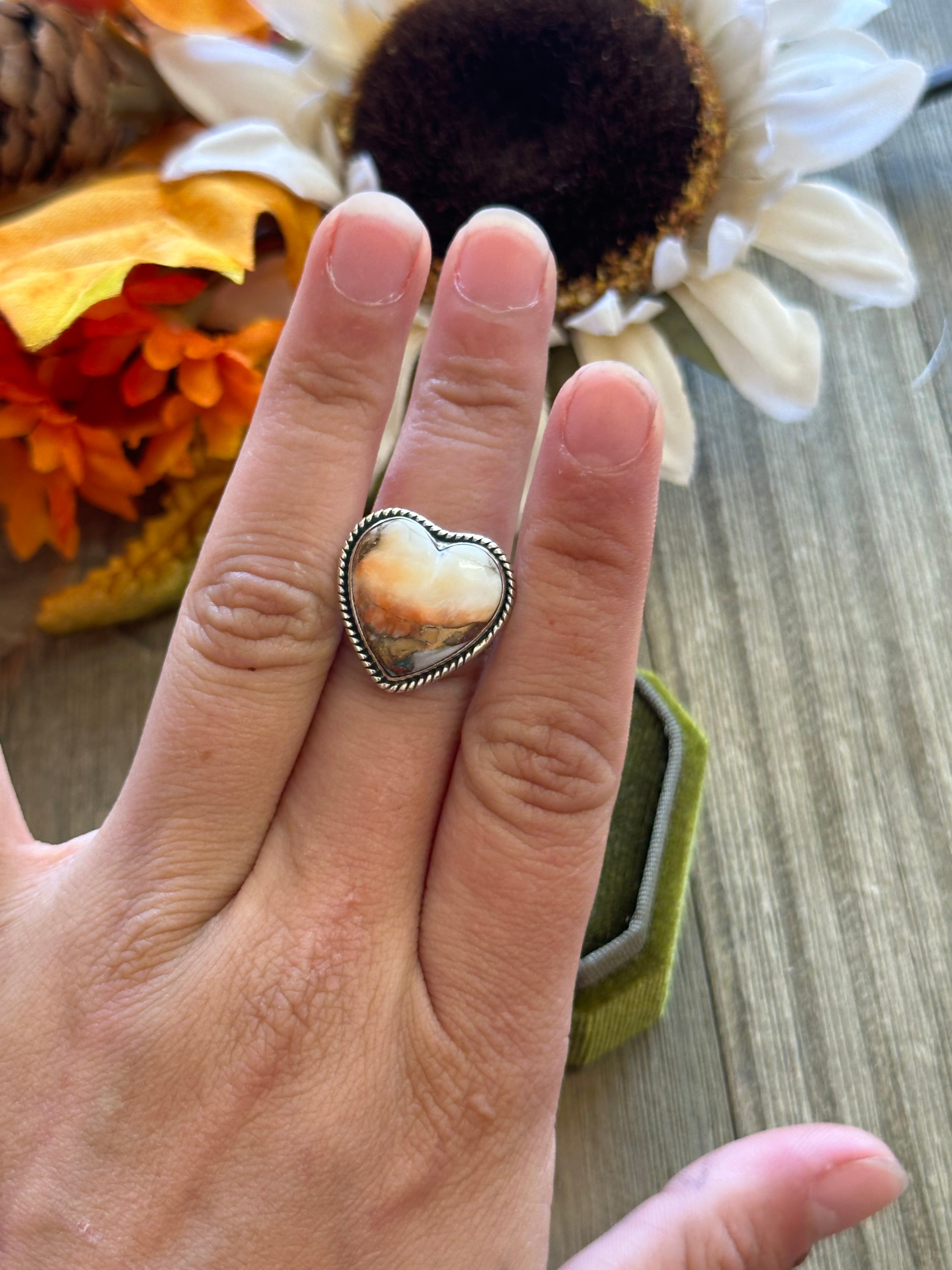 Southwest Handmade Mohave Turquoise & Sterling Silver Adjustable Heart Ring