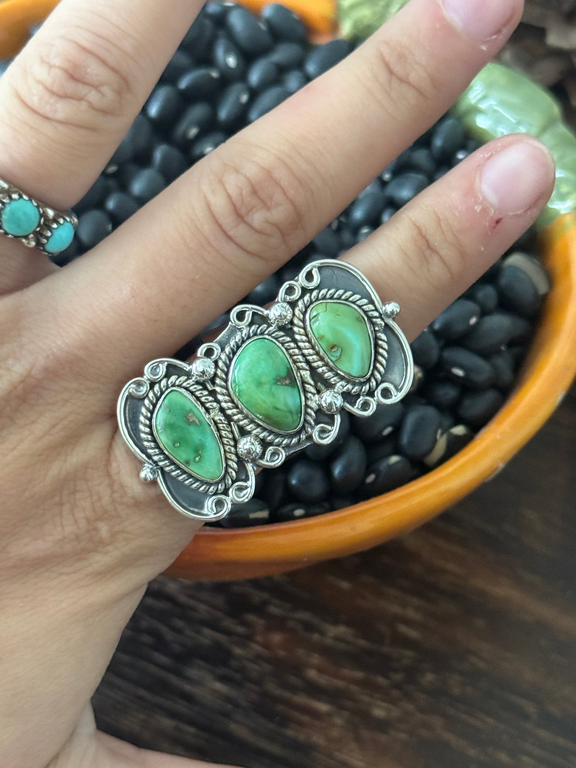 Southwest Handmade Sonoran Mountain Turquoise & Sterling Silver Adjustable 3 Stone Ring